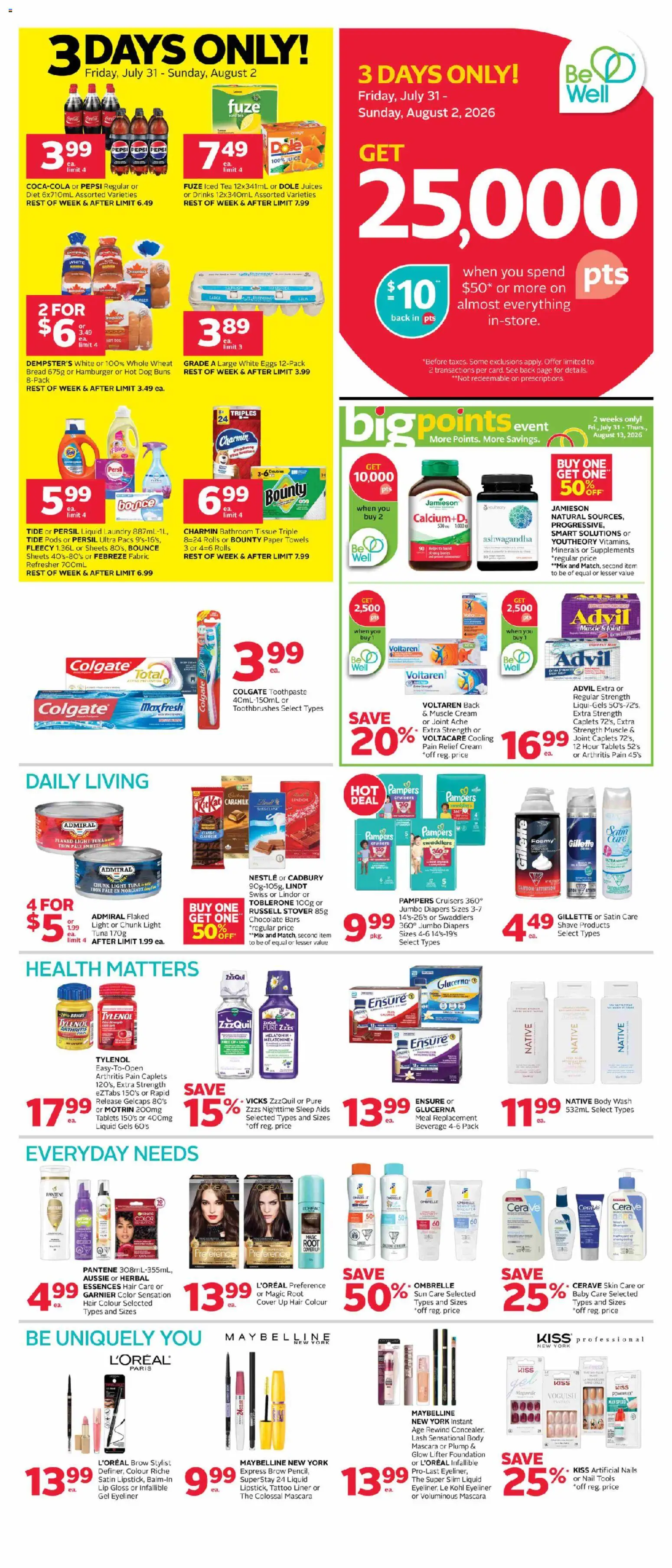 Rexall flyer valid from Jul 31, 2026 | Page: 3 | Products: Mascara, Eyeliner, Body wash, Bread
