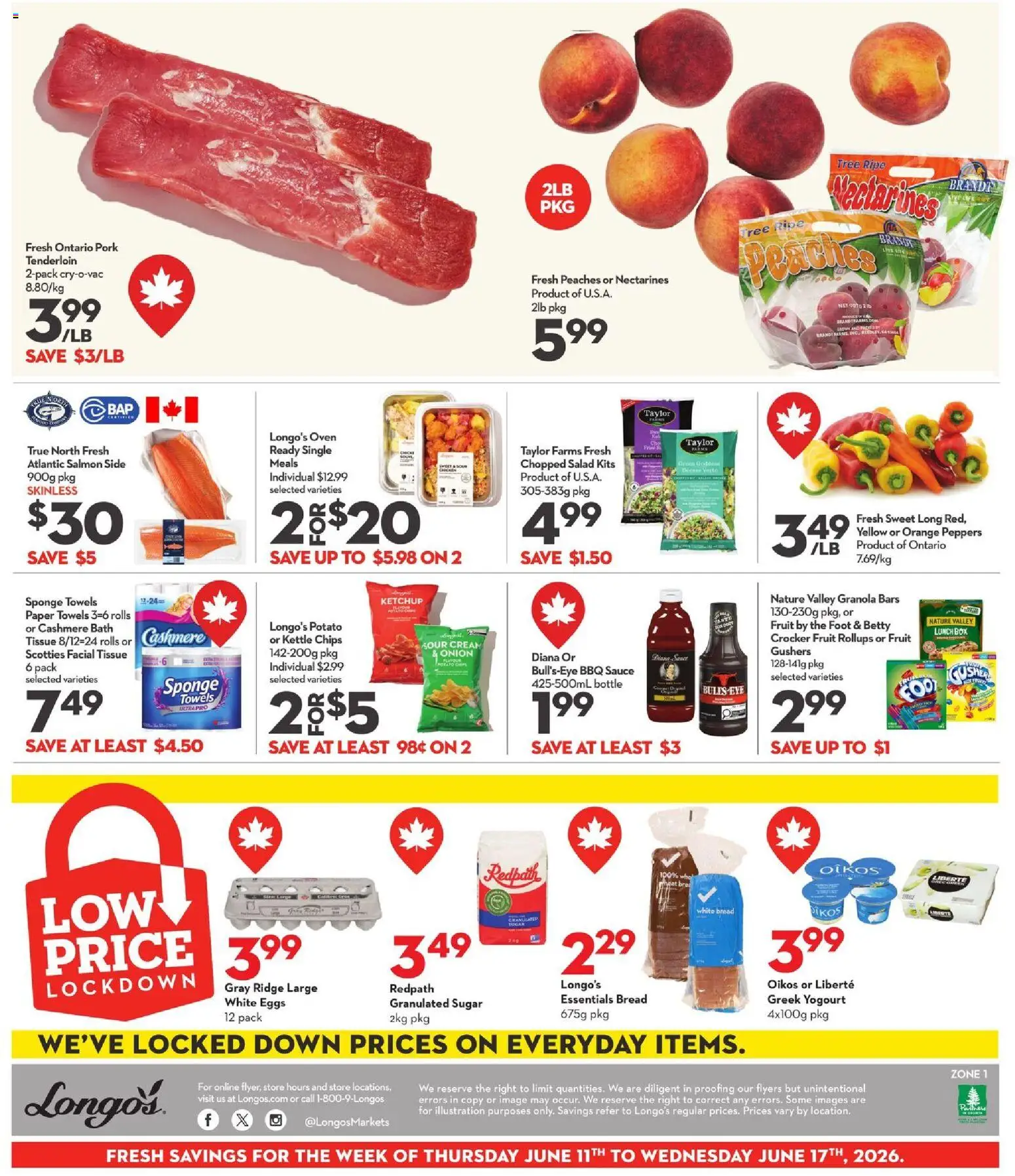 Longo's flyer valid from 11.06.2026 | Page: 3 | Products: Sponge, Bath, Bread, Pork