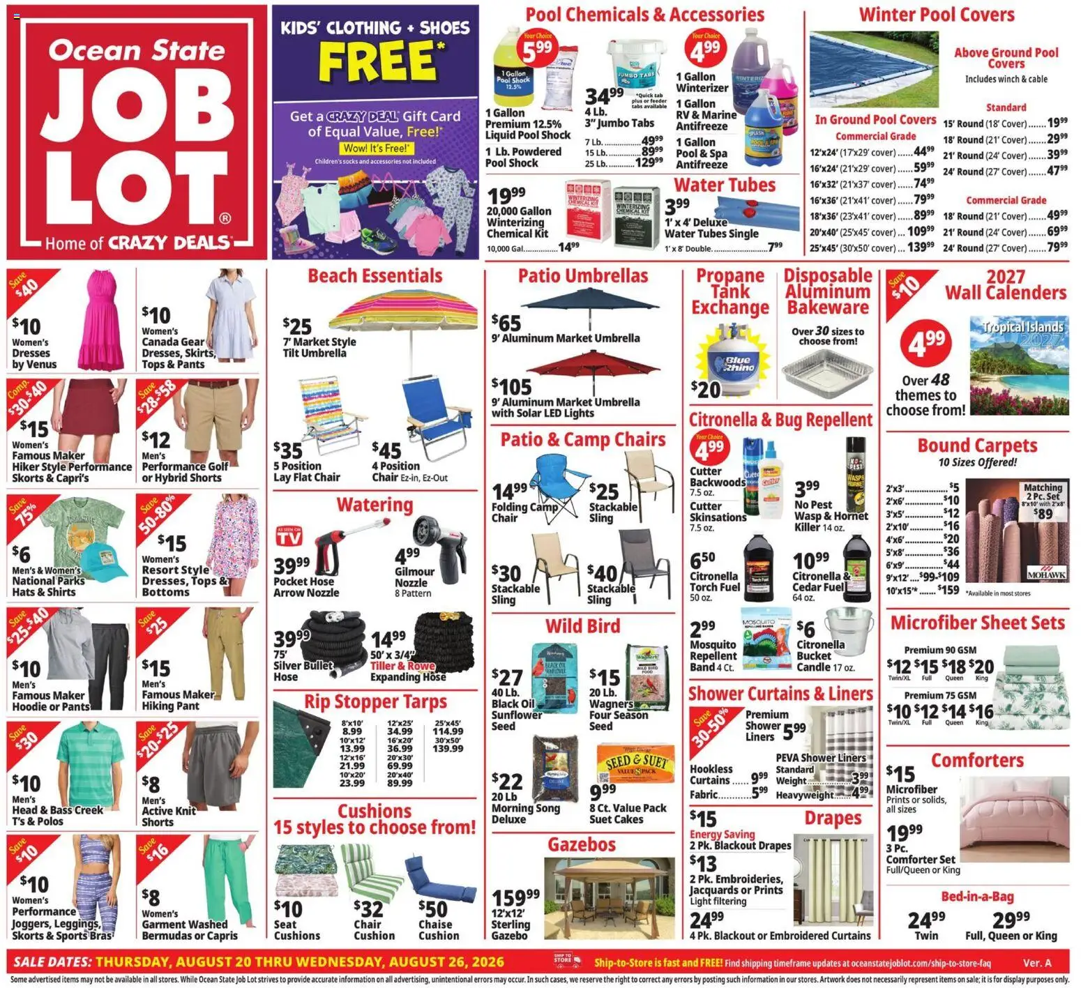 Ocean State Job Lot Weekly Ad - valid from 08/20/2026 | Page: 1 | Products: Shower, Cable, Comforter, Sheet