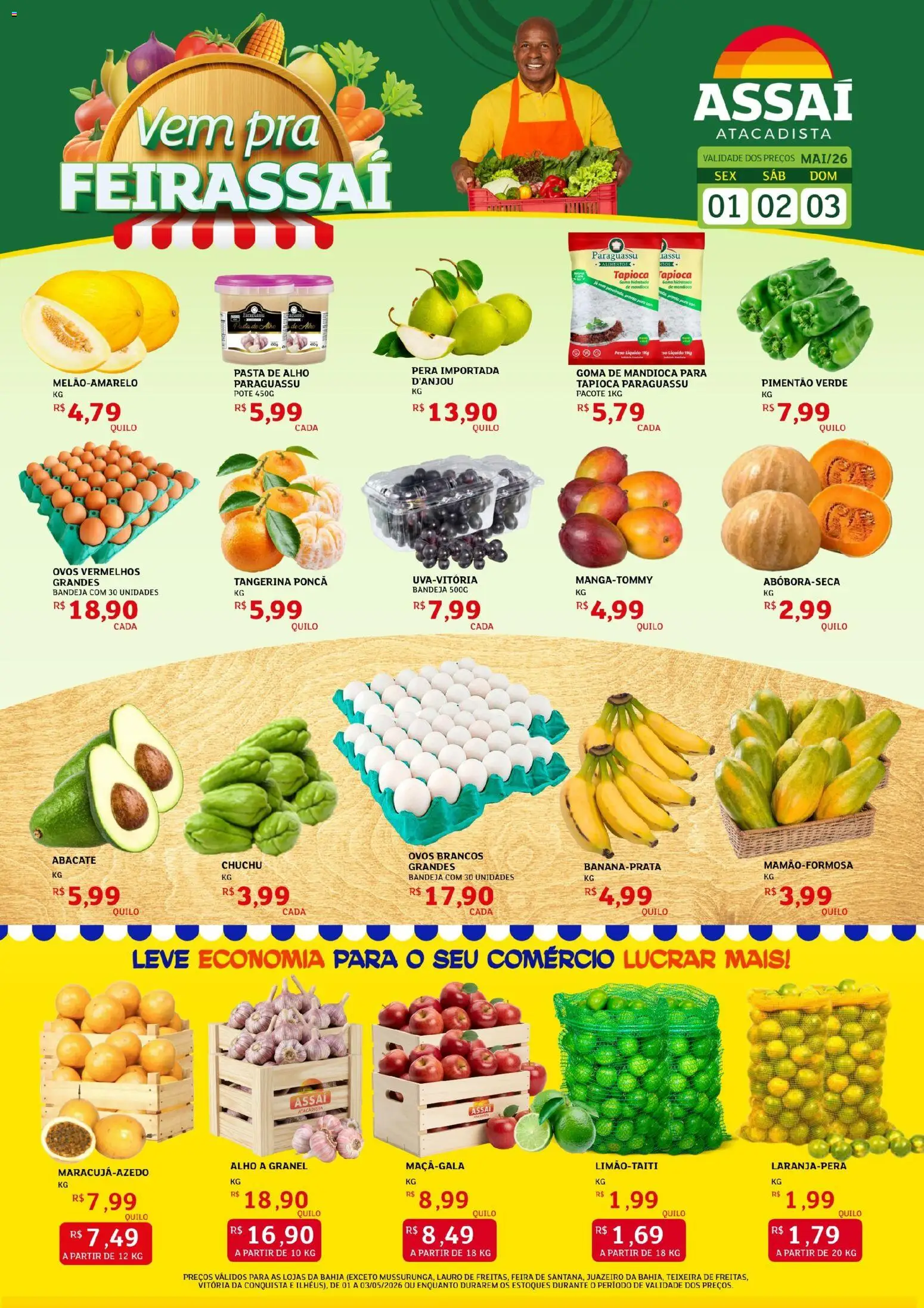 Assaí Atacadista Folheto - válido de 01.05.2026 | Página: 1 | Produtos: Pera, Alho, Tapioca, Bandeja