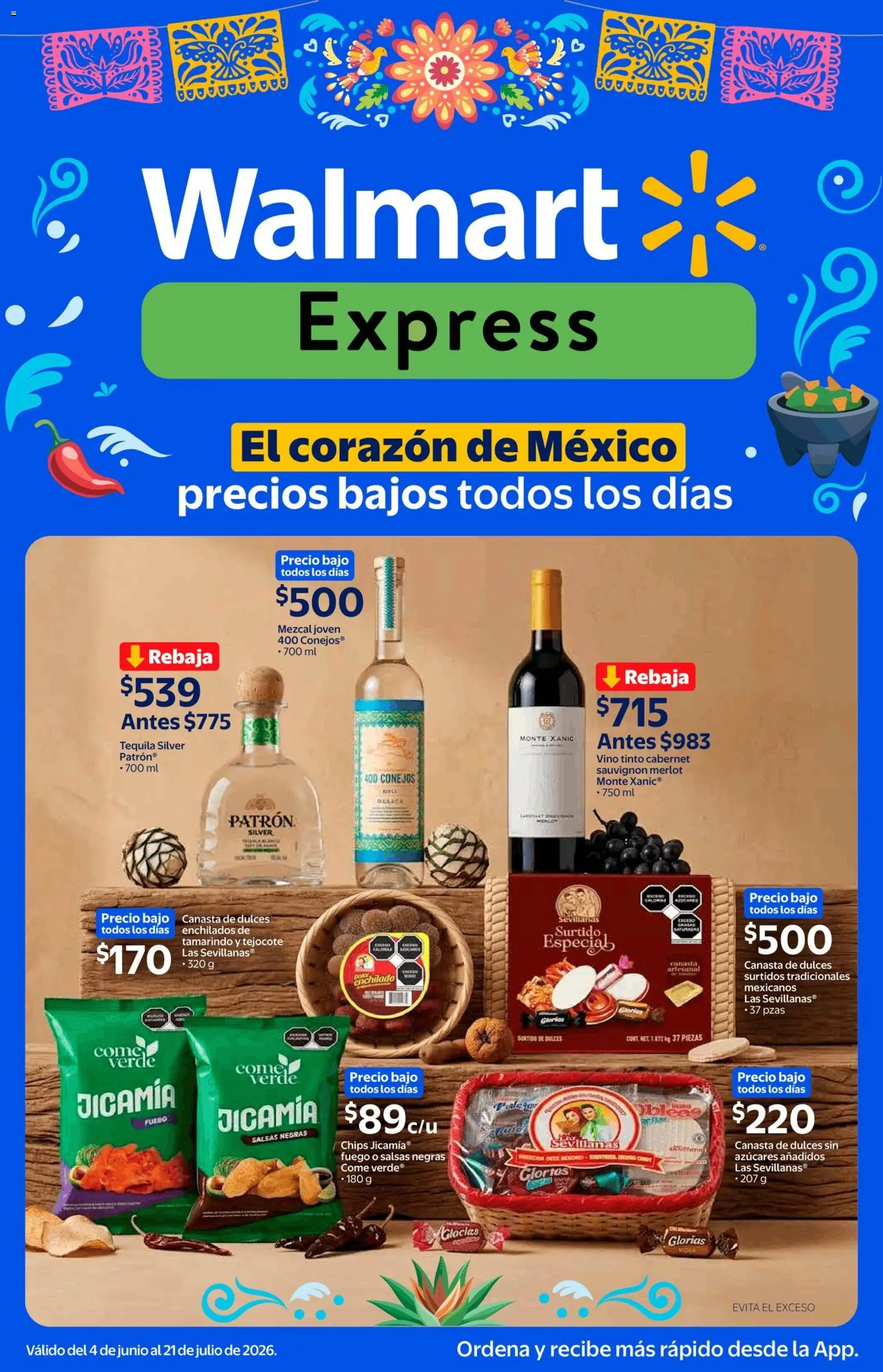 Nuevas ofertas de Walmart Express válidas en toda la República Mexicana desde el 04.06.2026. ¡Encuentra las mejores ofertas en Walmart Express folleto El corazón de Mexico! | Página: 1 | Productos: Dulces, Tequila, Vino, Canasta