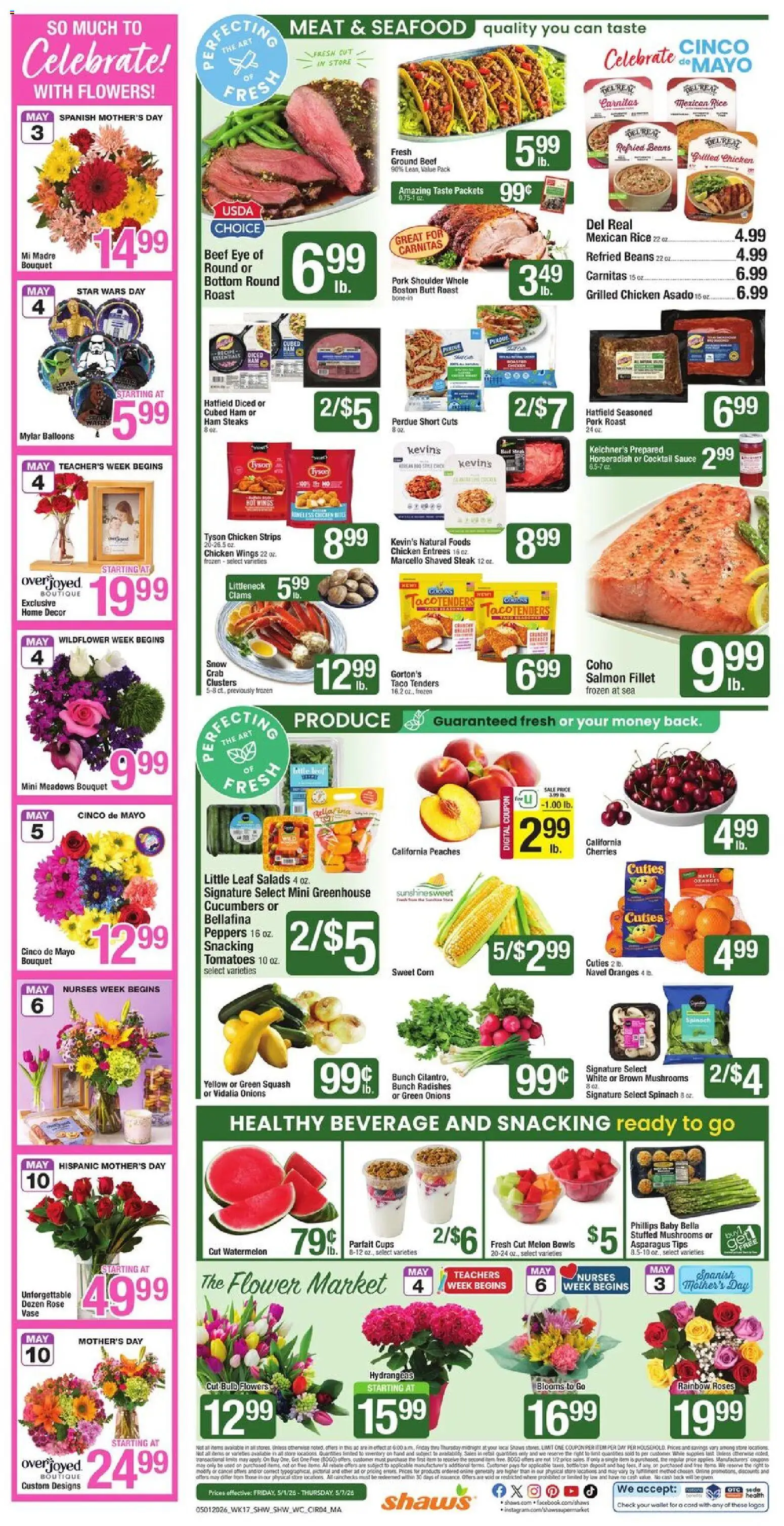 Shaw's Weekly Ad - MA - valid from 01.05.2026 | Page: 4 | Products: Squash, Tomatoes, Sauce, Watermelon