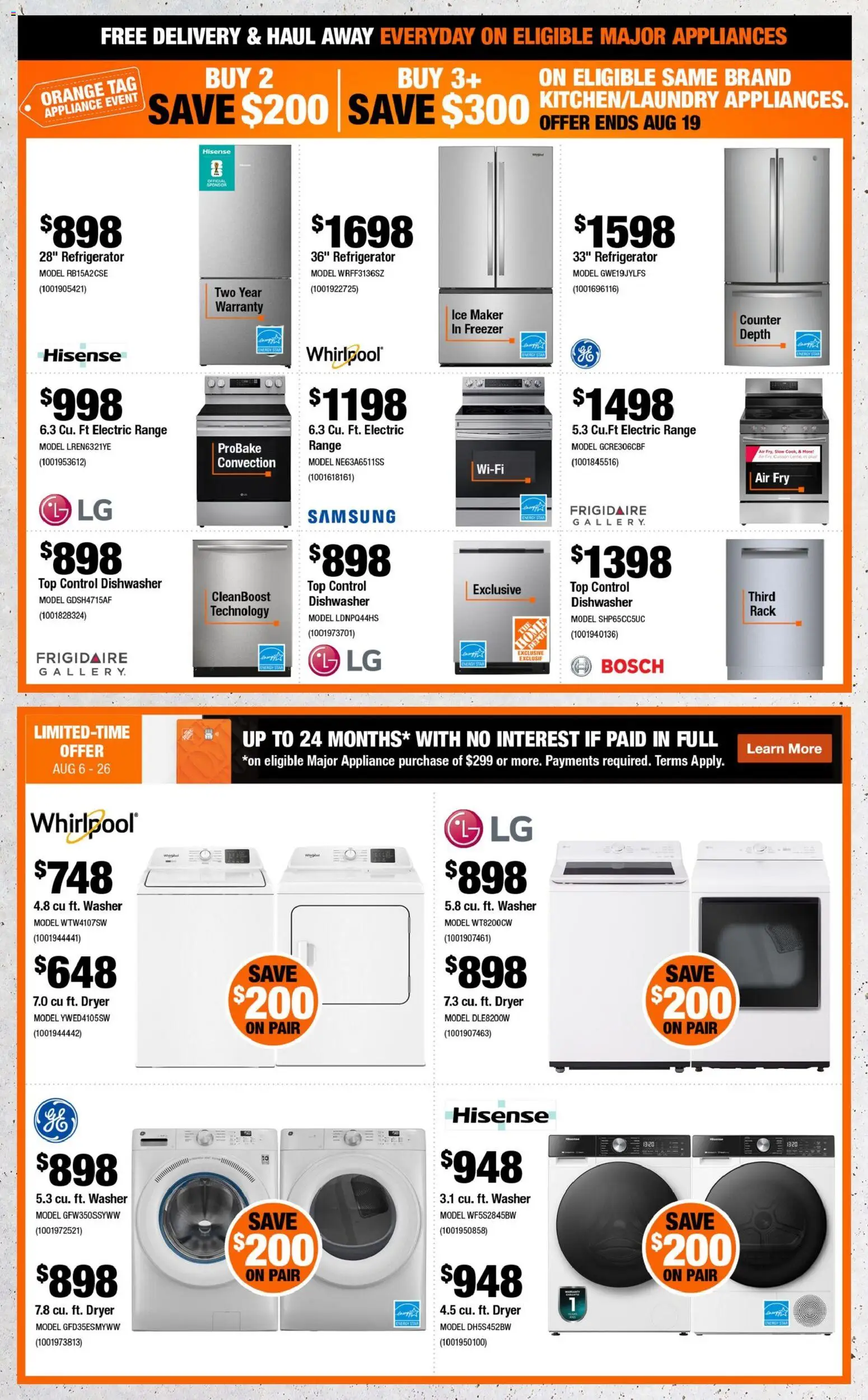 Home Depot flyer valid from Aug 6, 2026 | Page: 5 | Products: Refrigerator, Freezer, Dryer, Dishwasher