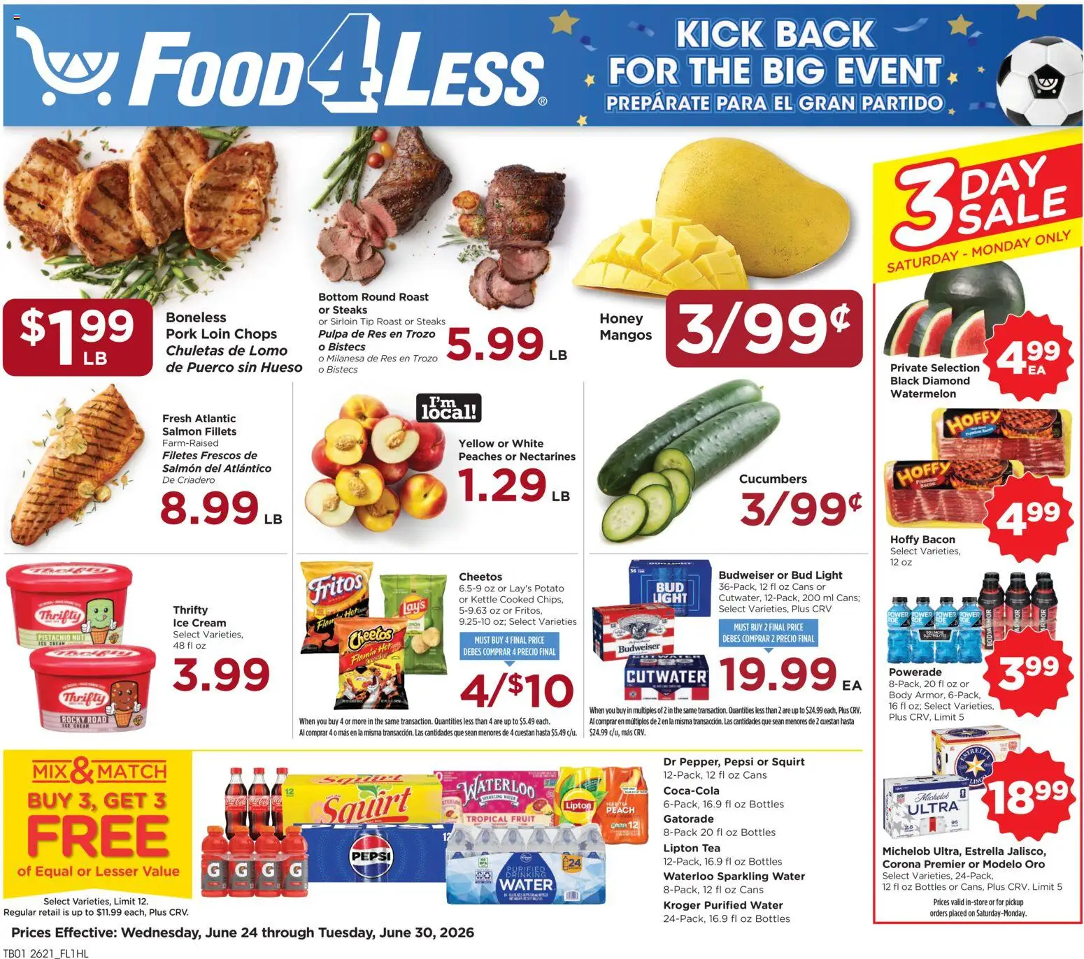 Food 4 Less Weekly Ad - valid from 06/24/2026 | Page: 1 | Products: Peaches, Water, Peach, Kettle