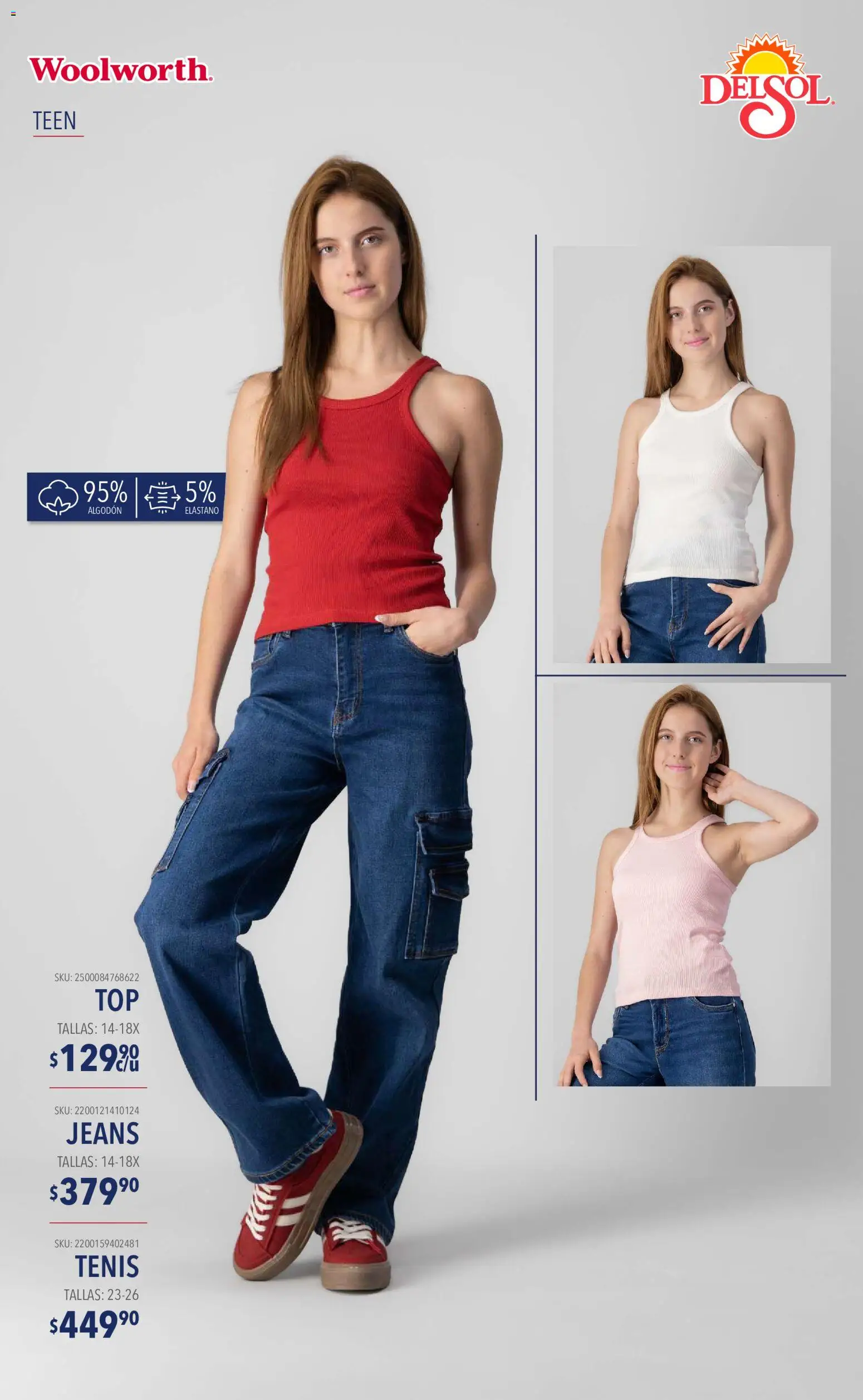Nuevas ofertas de Del Sol y Woolworth válidas en toda la República Mexicana desde el 10/09/2026. ¡Encuentra las mejores ofertas en Del Sol y Woolworth catálogo Moda Esenciales! | Página: 12 | Productos: Tenis, Algodón