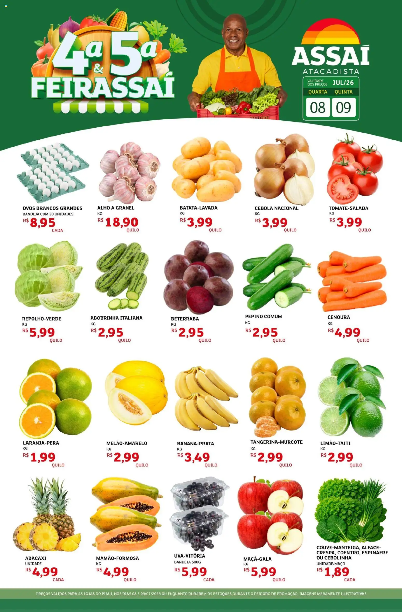 Assaí Atacadista Folheto - válido de 08/07/2026 | Página: 1 | Produtos: Abobrinha, Cebola, Espinafre, Ovos