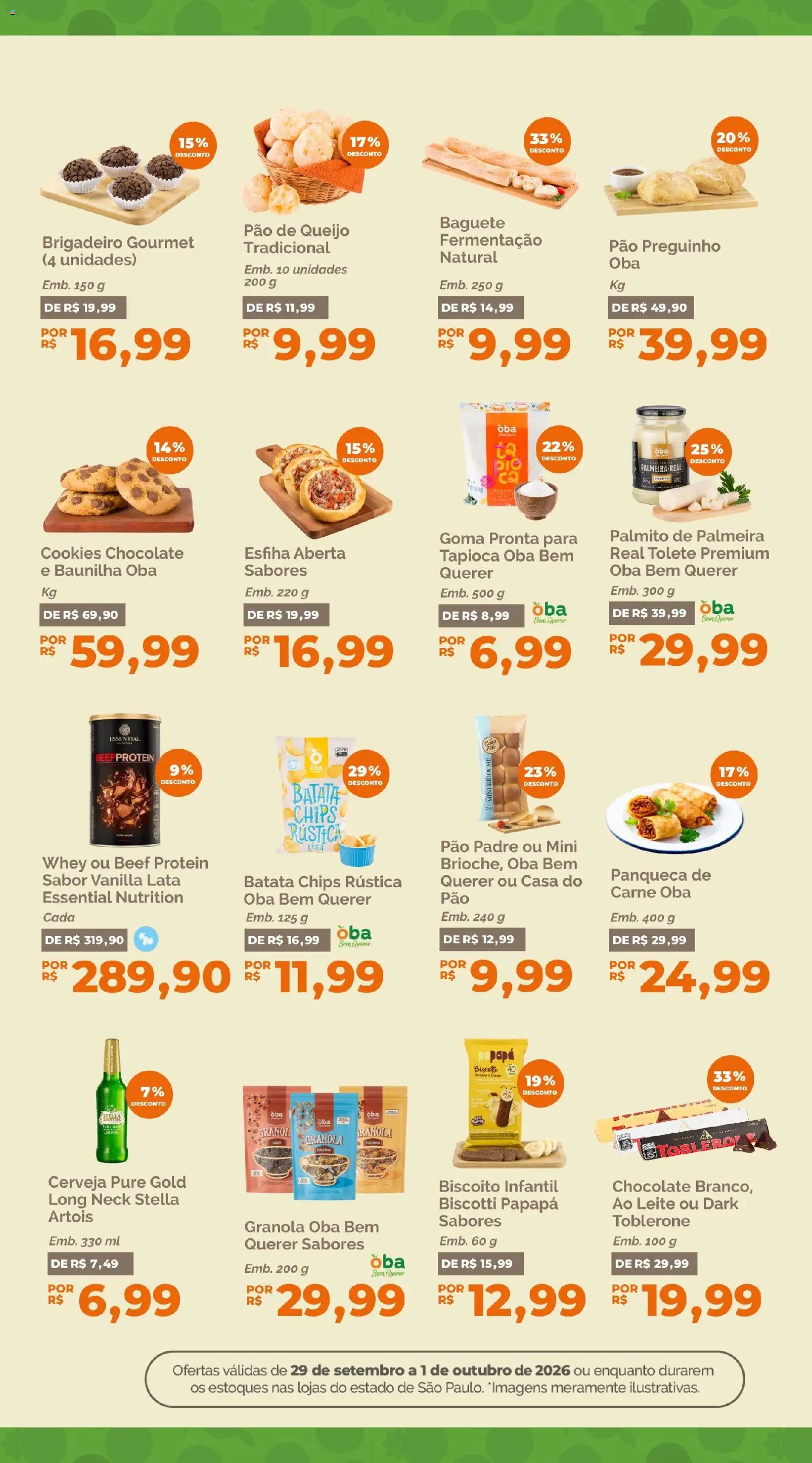 Oba Hortifruti Folheto - válido de 29/09/2026 | Página: 8 | Produtos: Tapioca, Pão, Batata chips, Cookies