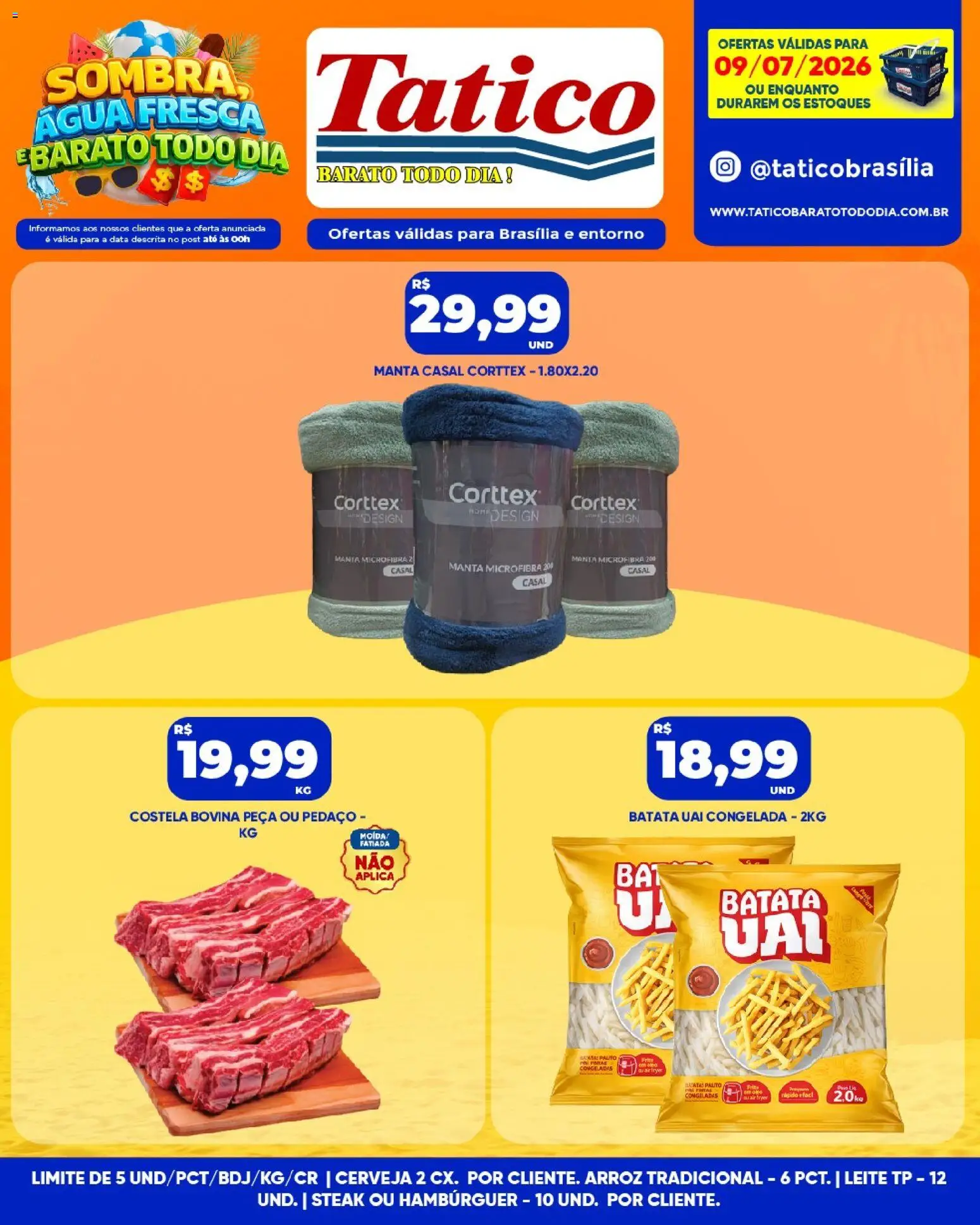 Tatico Folheto - válido de 09/07/2026 | Página: 12 | Produtos: Leite, Cerveja, Hambúrguer, Batata