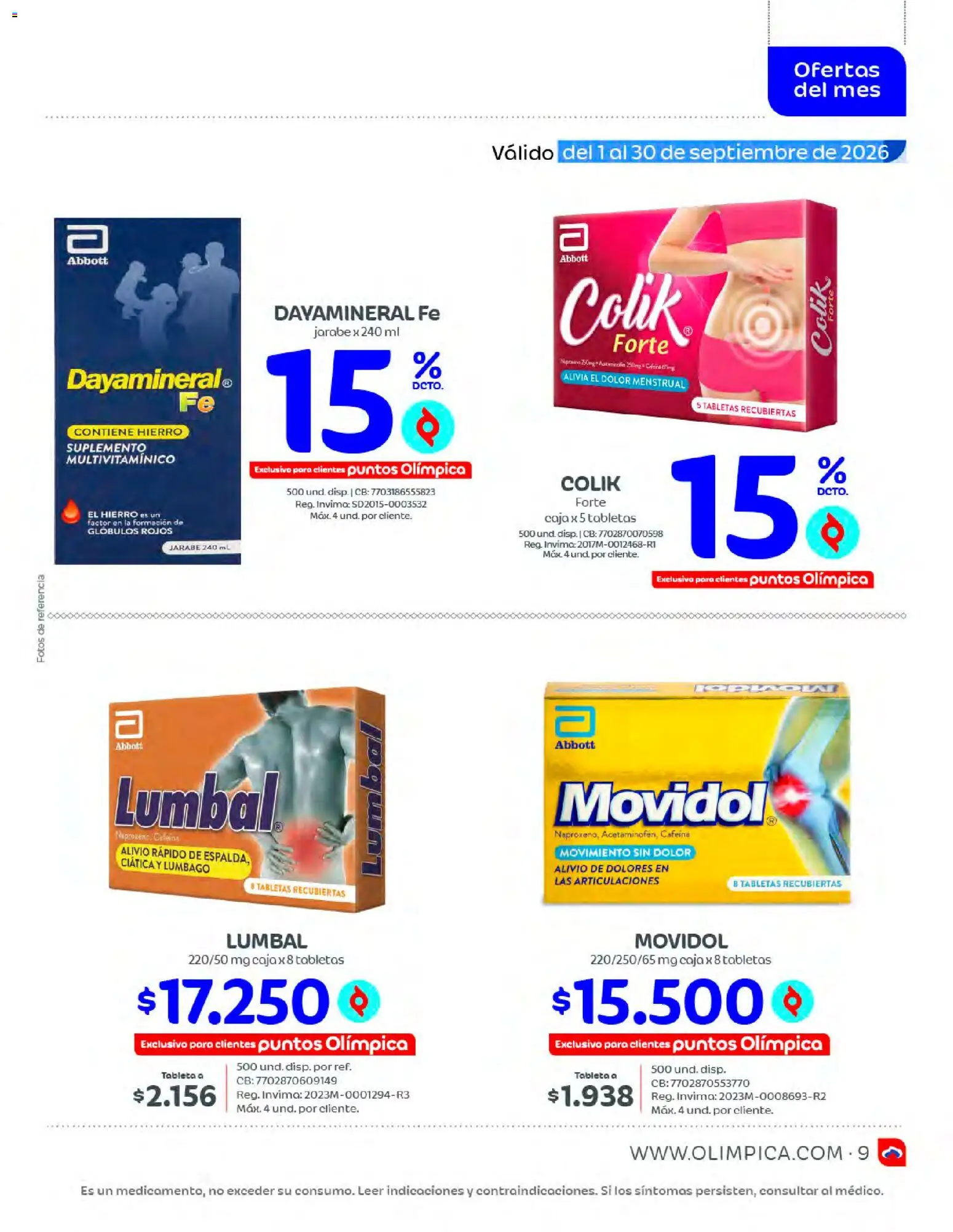 Olímpica revista - valida desde el 01/09/2026 | Página: 9 | Productos: Tableta, Jarabe, Caja, Multivitamínico