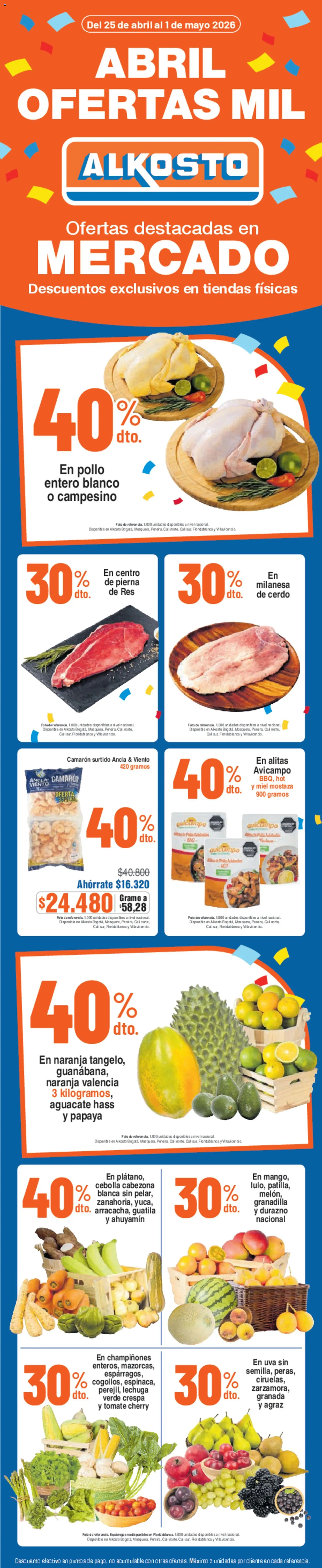 Alkosto revista - valida desde el 25.04.2026 | Página: 1 | Productos: Cebolla, Tomate, Uva, Papaya