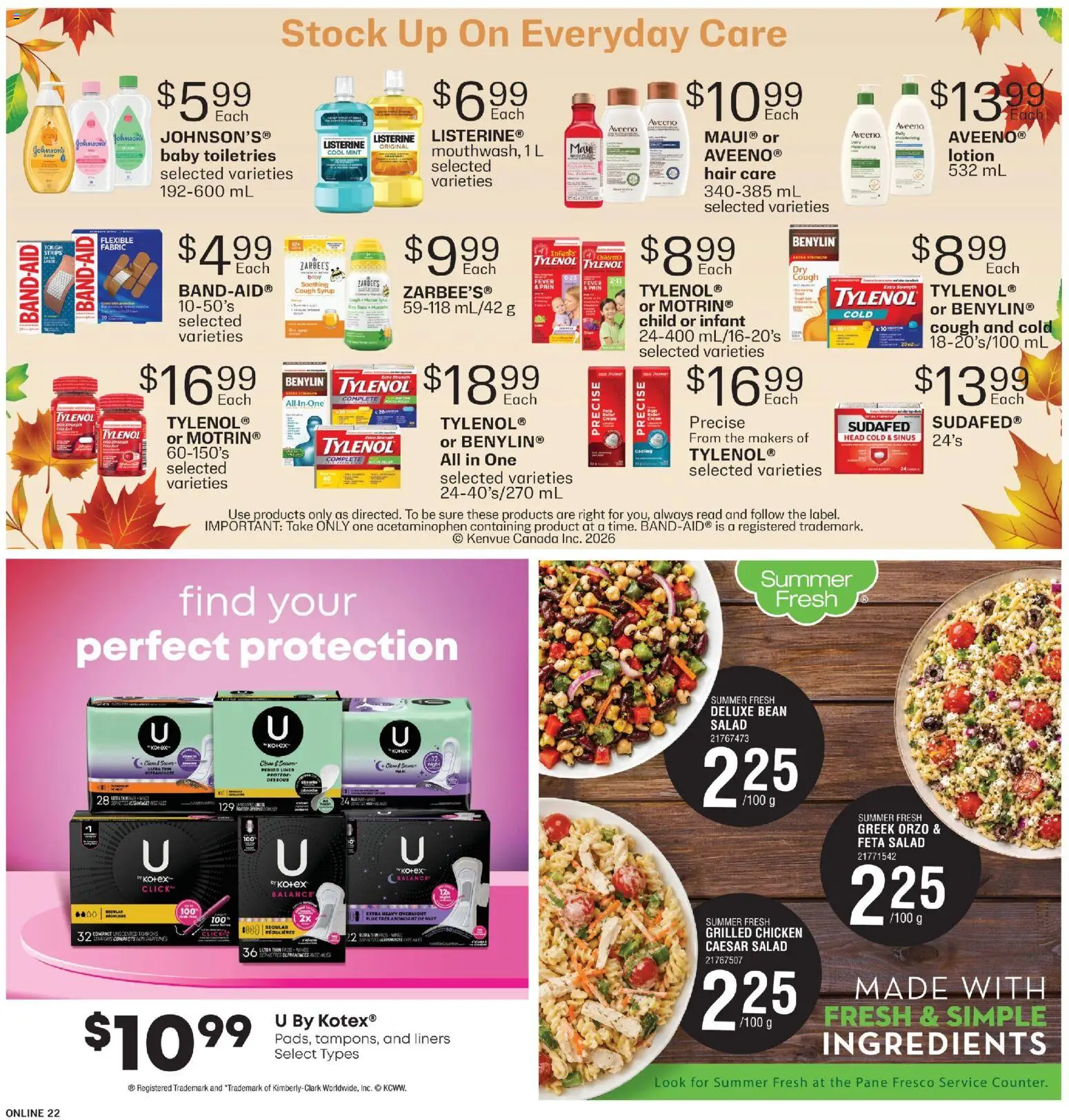 Fortinos flyer valid from Aug 27, 2026 | Page: 21 | Products: Salad, Listerine, Tampons, Chicken