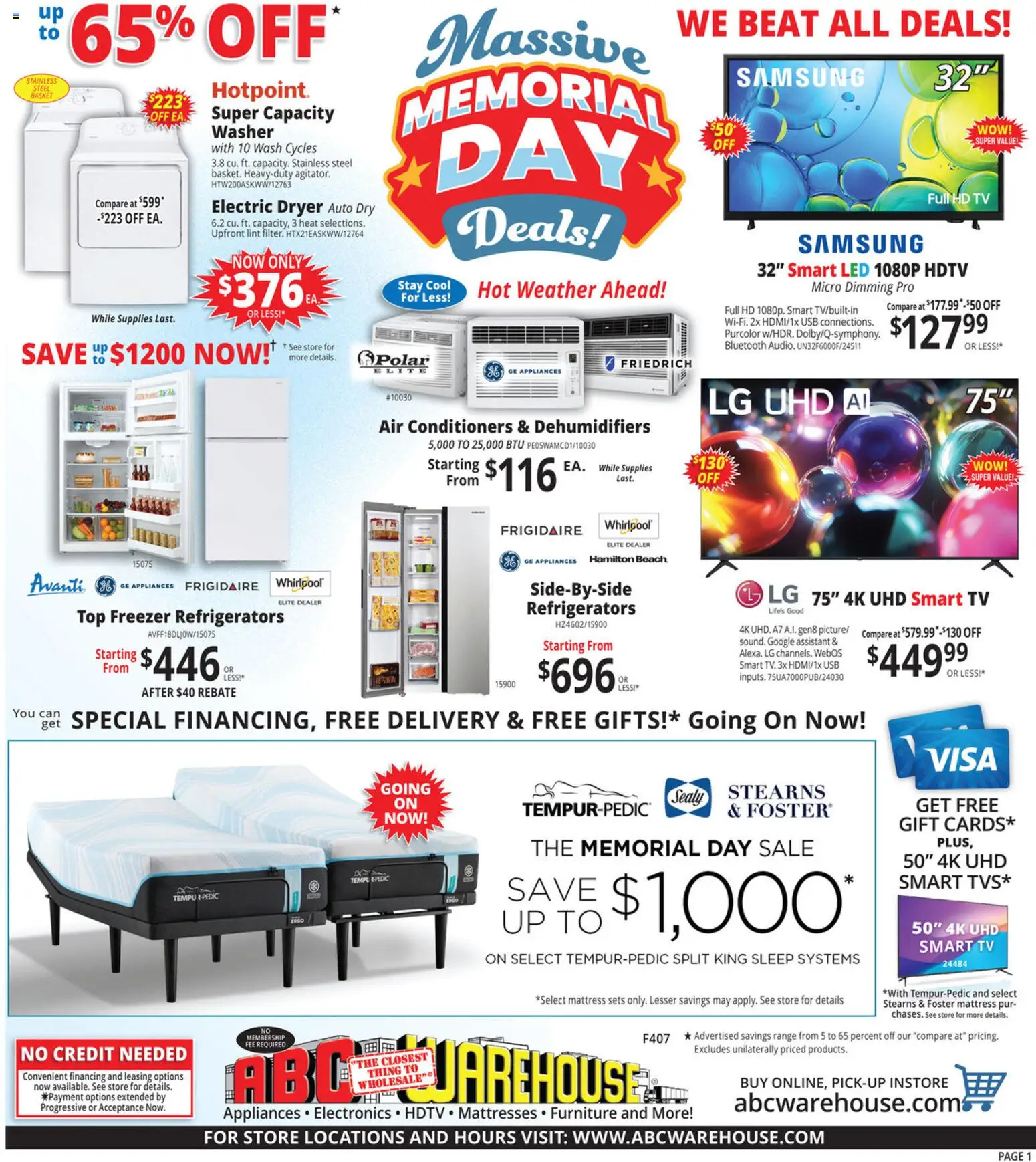 ABC Warehouse Weekly Ad - valid from 24.05.2026 | Page: 1 | Products: Mattress, Tv, Freezer, Dryer