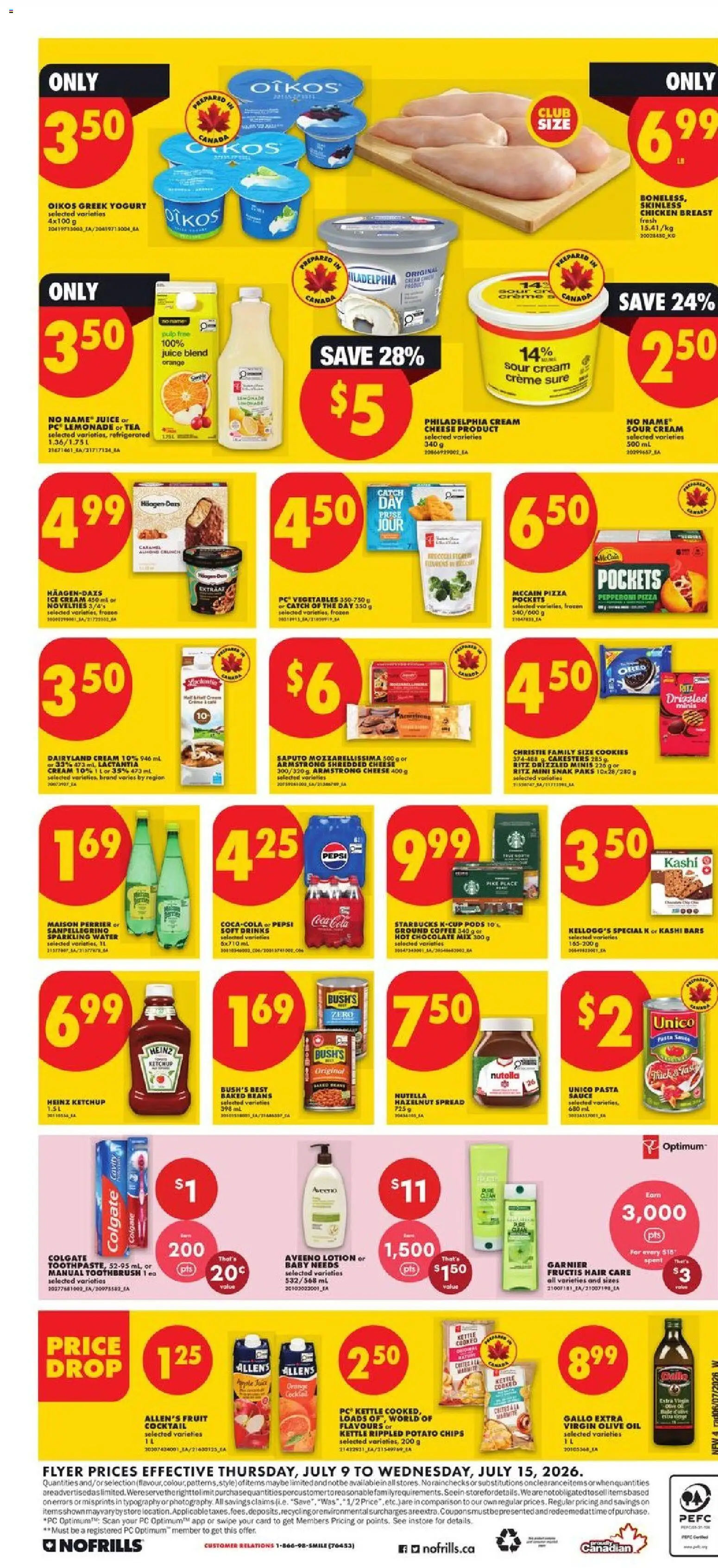 No Frills flyer valid from Jul 9, 2026 | Page: 4 | Products: Ice cream, Oil, Chocolate, Chicken