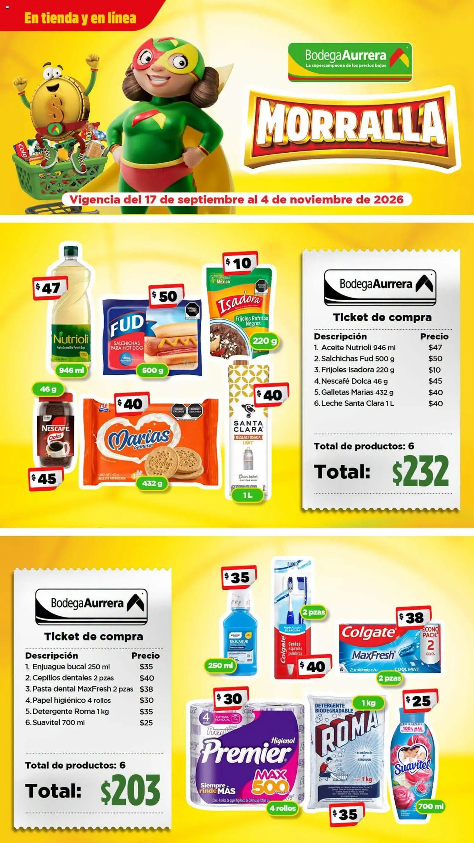 Nuevas ofertas de Bodega Aurrerá válidas en toda la República Mexicana desde el 17/09/2026. ¡Encuentra las mejores ofertas en Bodega Aurrerá folleto Morralla! | Página: 1 | Productos: Enjuague bucal, Frijoles, Leche, Salchichas