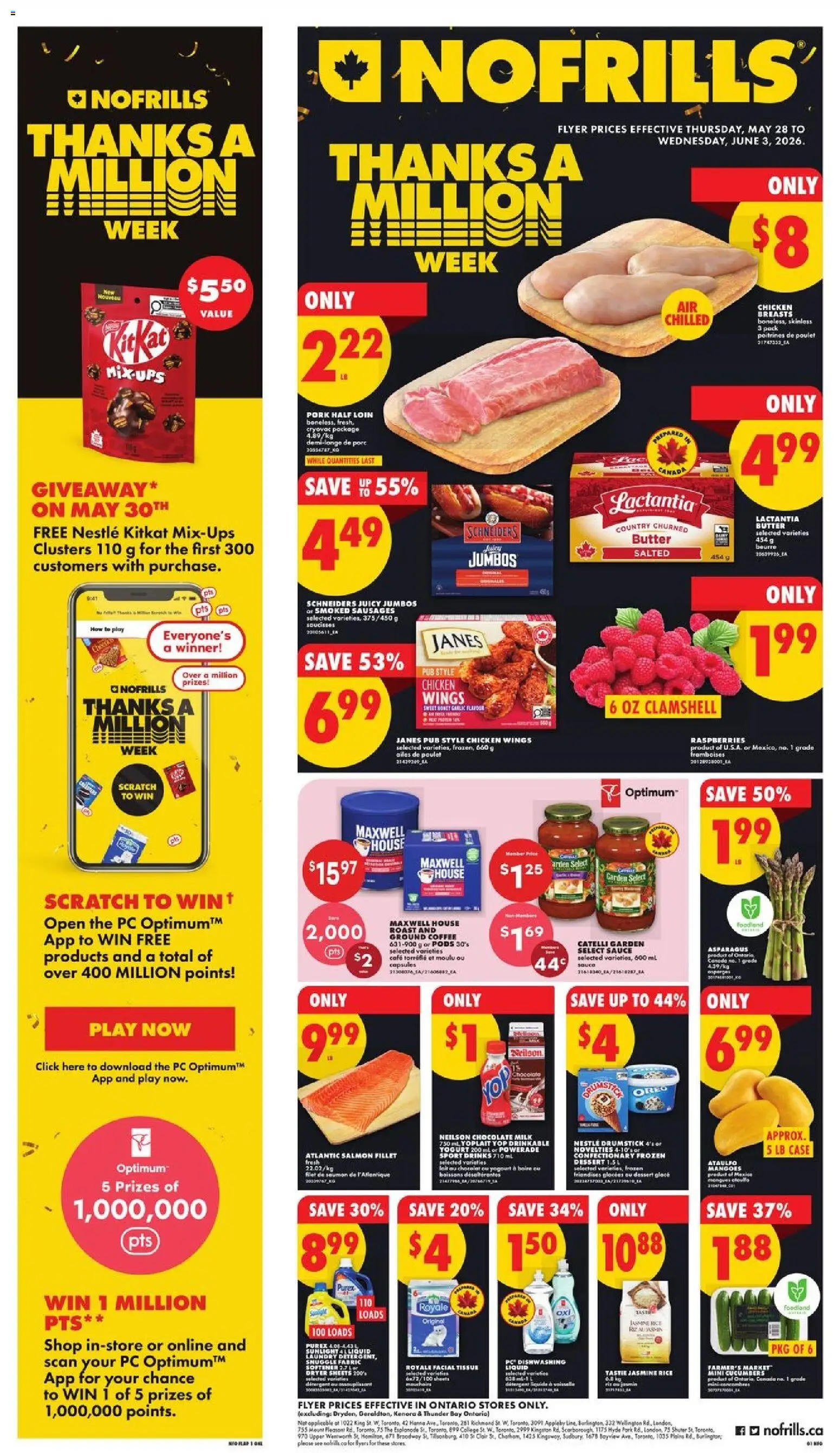 No Frills flyer valid from 28.05.2026 | Page: 1 | Products: Cucumbers, Case, Dryer, Coffee