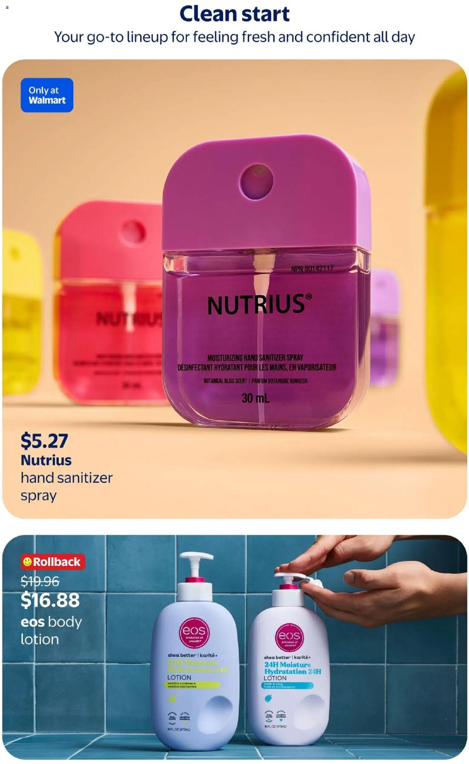 Walmart flyer valid from Jul 30, 2026 | Page: 15 | Products: Hand sanitizer, Body lotion, Vanilla