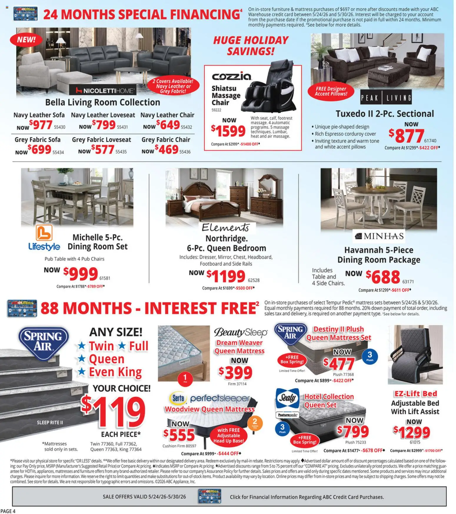 ABC Warehouse Weekly Ad - valid from 24.05.2026 | Page: 4 | Products: Bed, Mattress, Table, Date