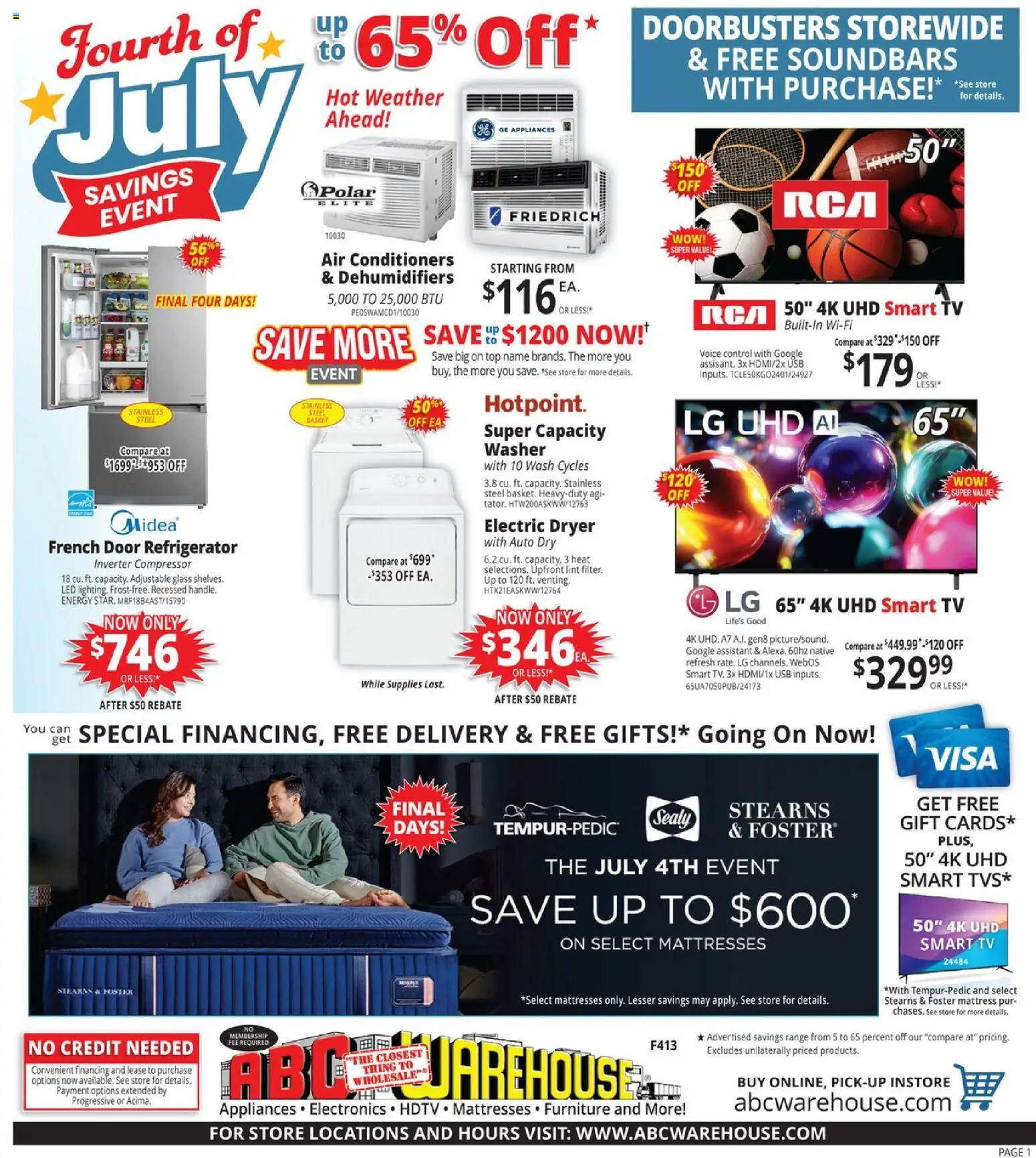 ABC Warehouse Weekly Ad - valid from 07/05/2026 | Page: 1 | Products: Mattress, Tv, Washer, Dryer
