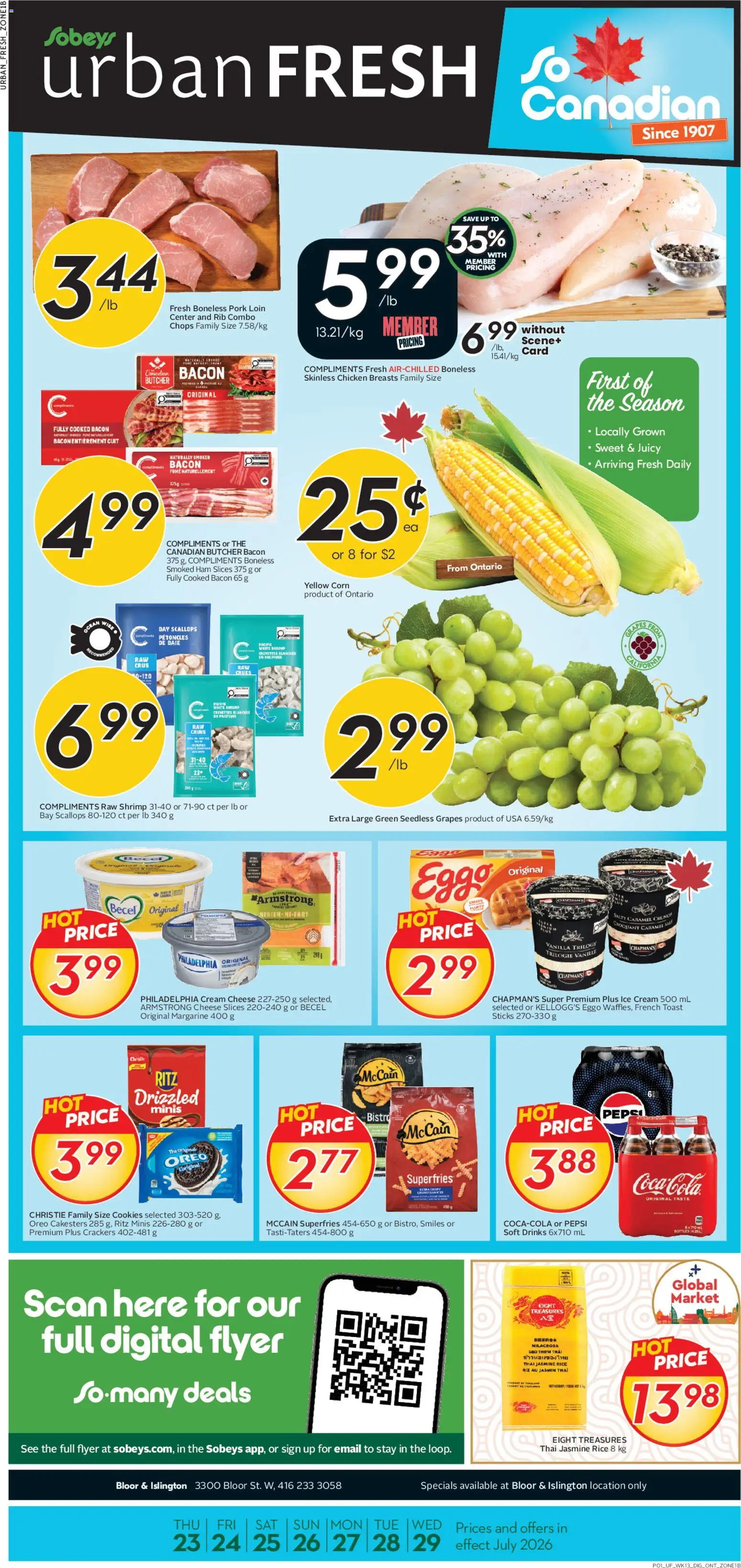 Sobeys flyer valid from Jul 23, 2026 | Page: 1 | Products: Cream cheese, Shrimp, Cheese, Ham