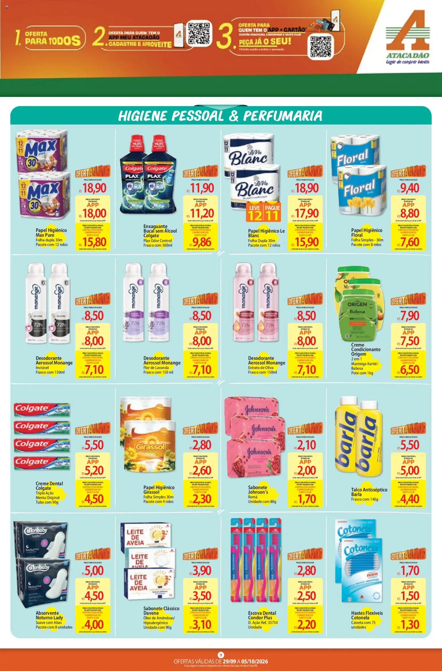 Atacadão Folheto - válido de 29/09/2026 | Página: 9 | Produtos: Desodorante, Óleo, Creme dental, Papel higiênico