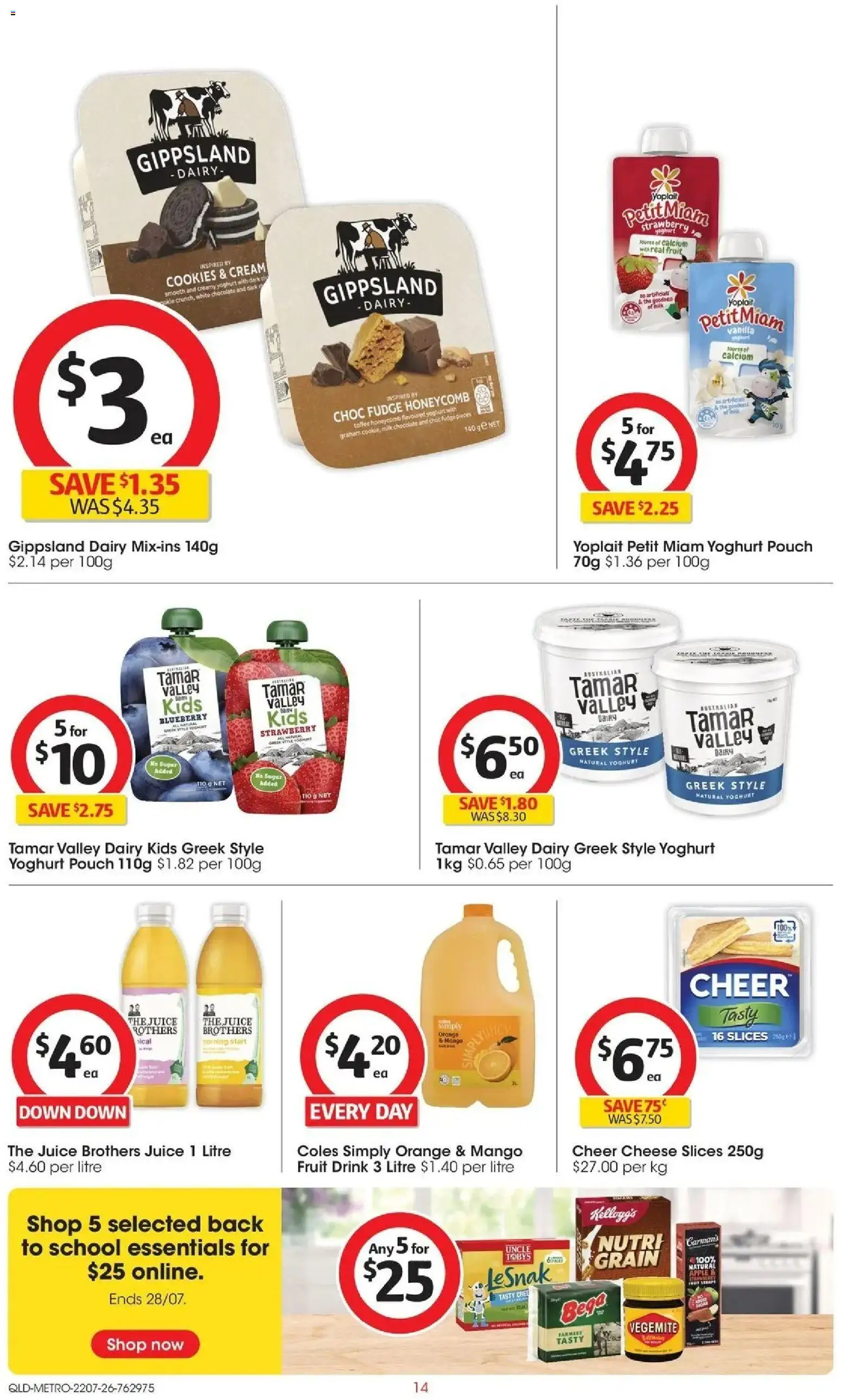 Coles catalogue - valid from 22/07/2026 | Page: 14 | Products: Dairy, Cheese, Yoghurt, Juice