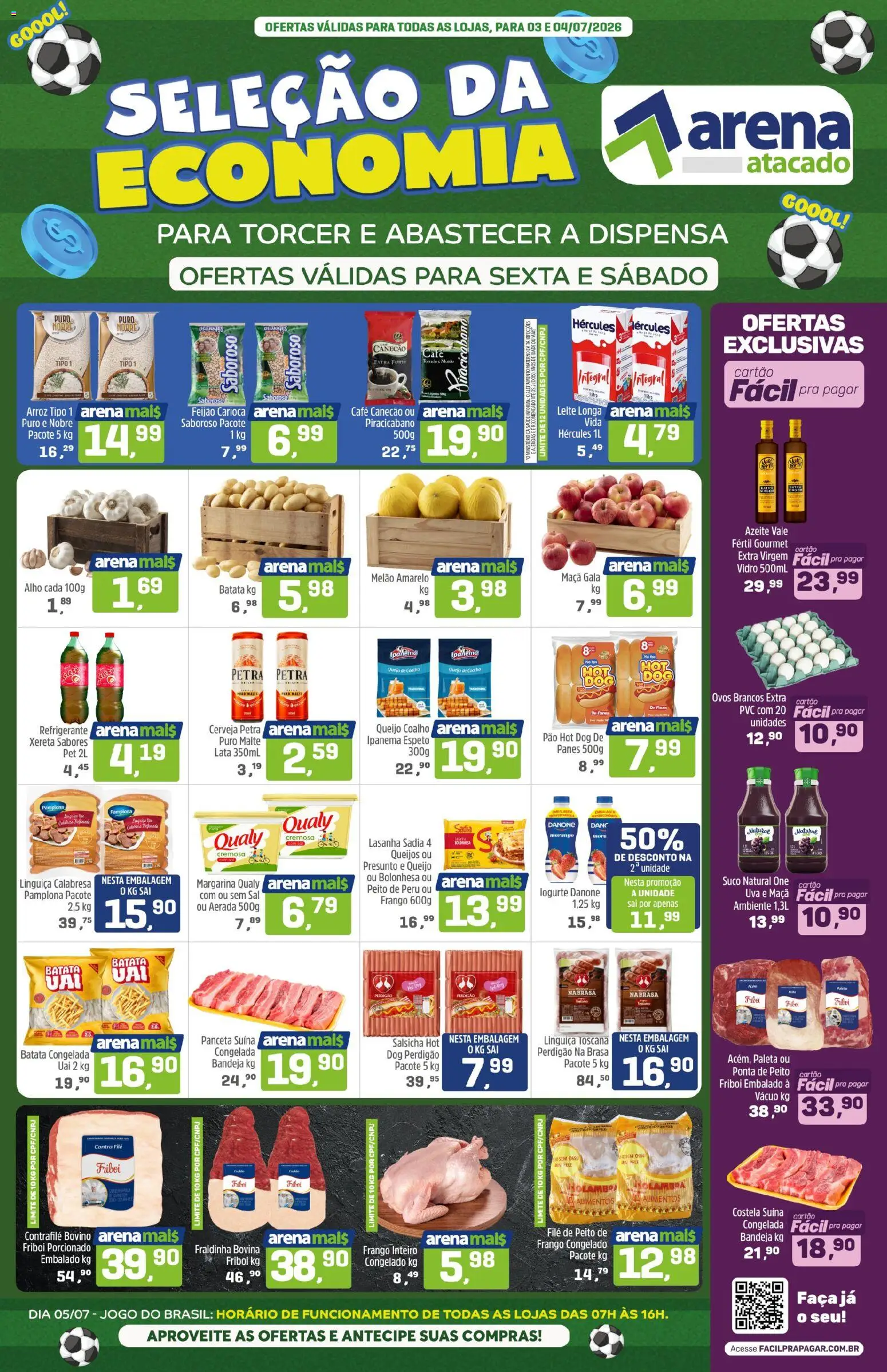 Arena Atacado Folheto - válido de 03/07/2026 | Página: 1 | Produtos: Linguiça, Leite, Pão, Café