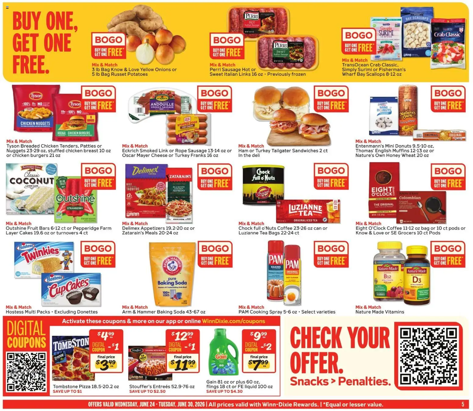 Winn Dixie Weekly Ad - valid from 06/24/2026 | Page: 5 | Products: Cheese, Coffee, Sausage, Bag