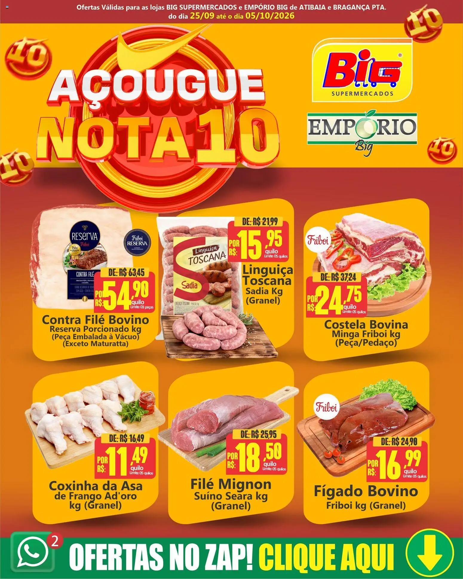 Big Supermercados Folheto - válido de 25/09/2026 | Página: 1 | Produtos: Linguiça, Contra filé, Filé mignon, Frango
