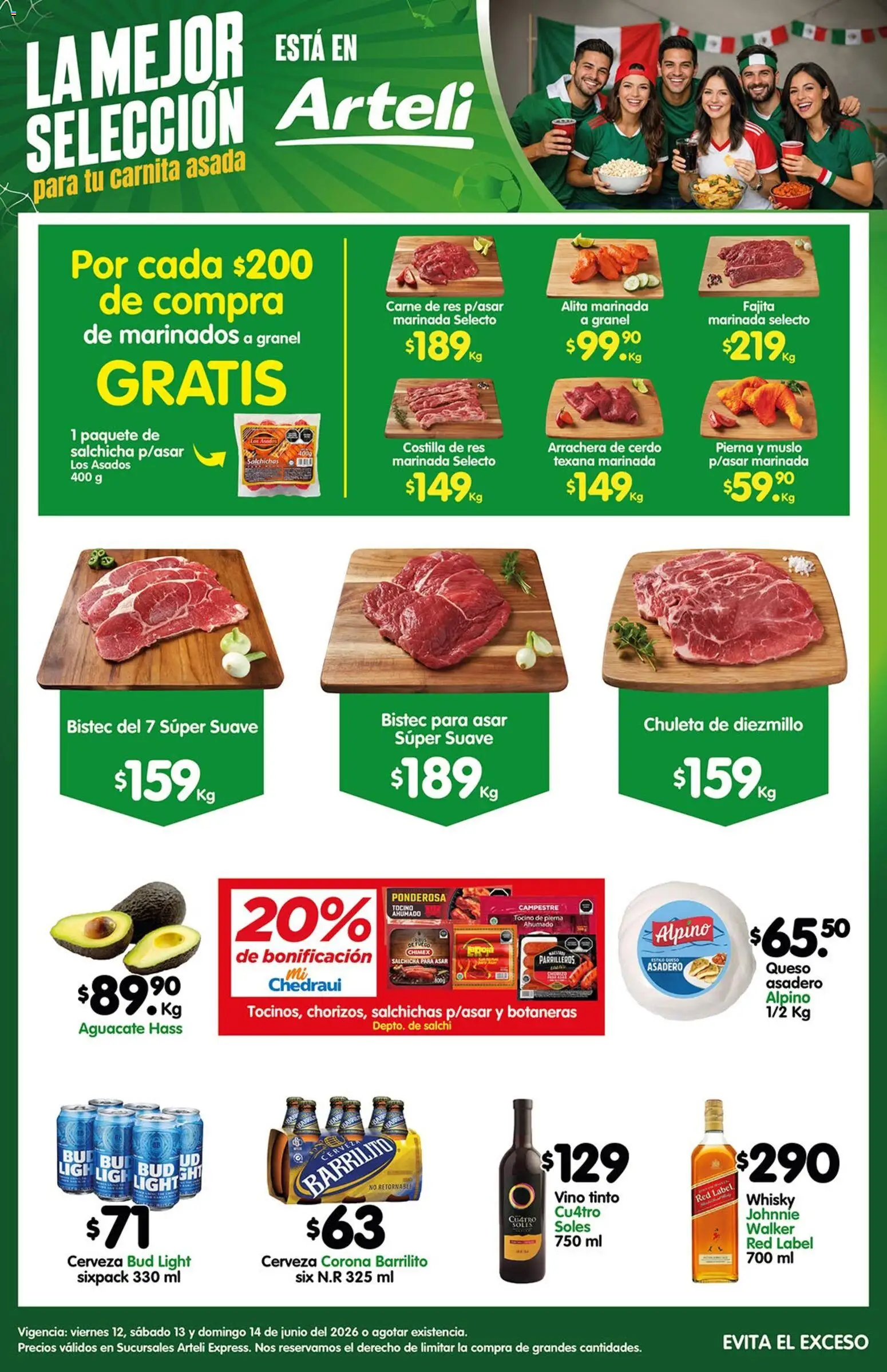 Nuevas ofertas de Arteli válidas en toda la República Mexicana desde el 12.06.2026. ¡Encuentra las mejores ofertas en Arteli folleto Carne Express! | Página: 1 | Productos: Aguacate, Cerveza, Res, Whisky