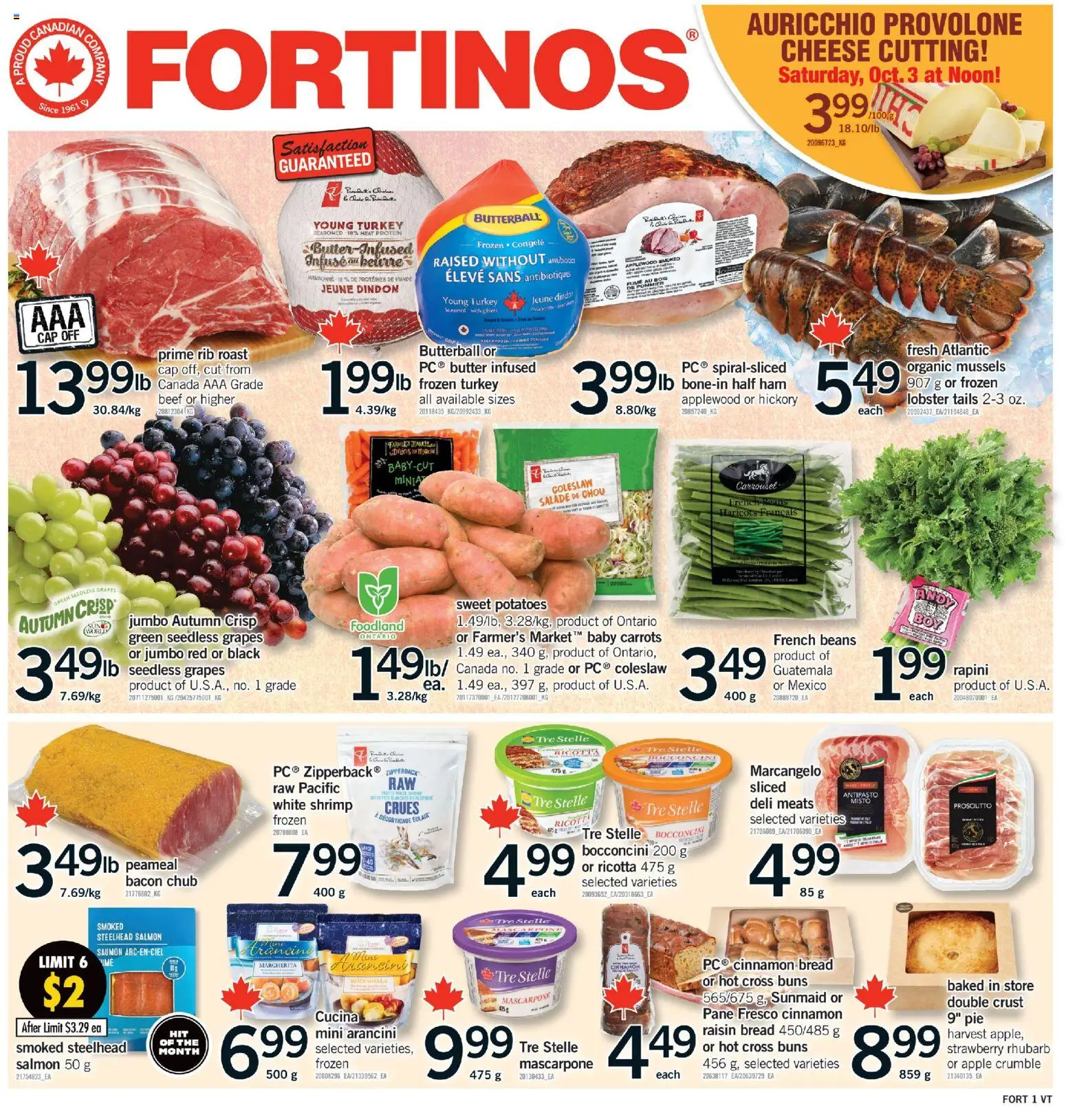 Fortinos flyer valid from Oct 1, 2026 | Page: 1 | Products: Ricotta, Shrimp, Sweet potatoes, Ham