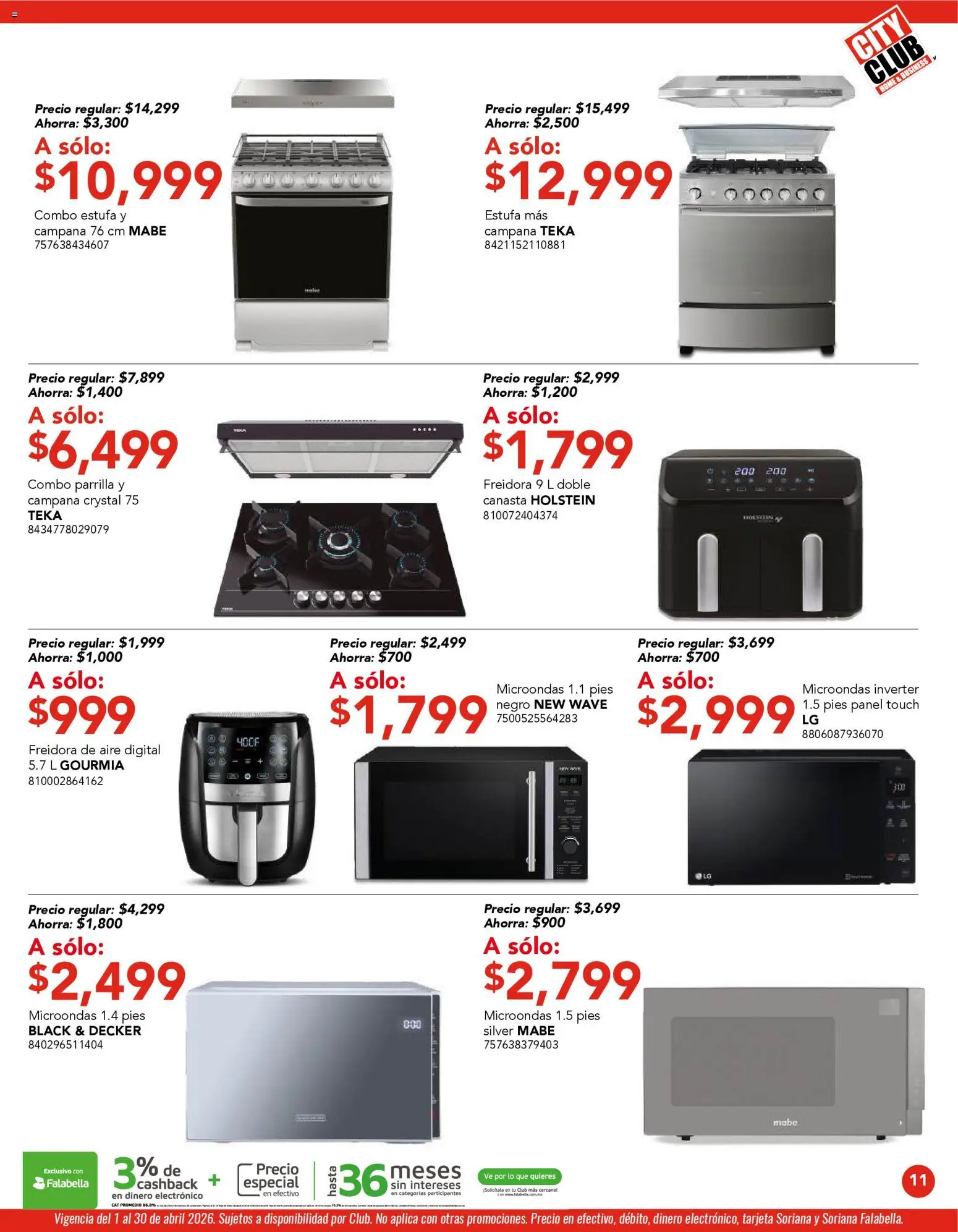 Nuevas ofertas de City Club válidas en toda la República Mexicana desde el 01.04.2026. ¡Encuentra las mejores ofertas en City Club catálogo! | Página: 11 | Productos: Microondas, Parrilla, Freidora, Campana