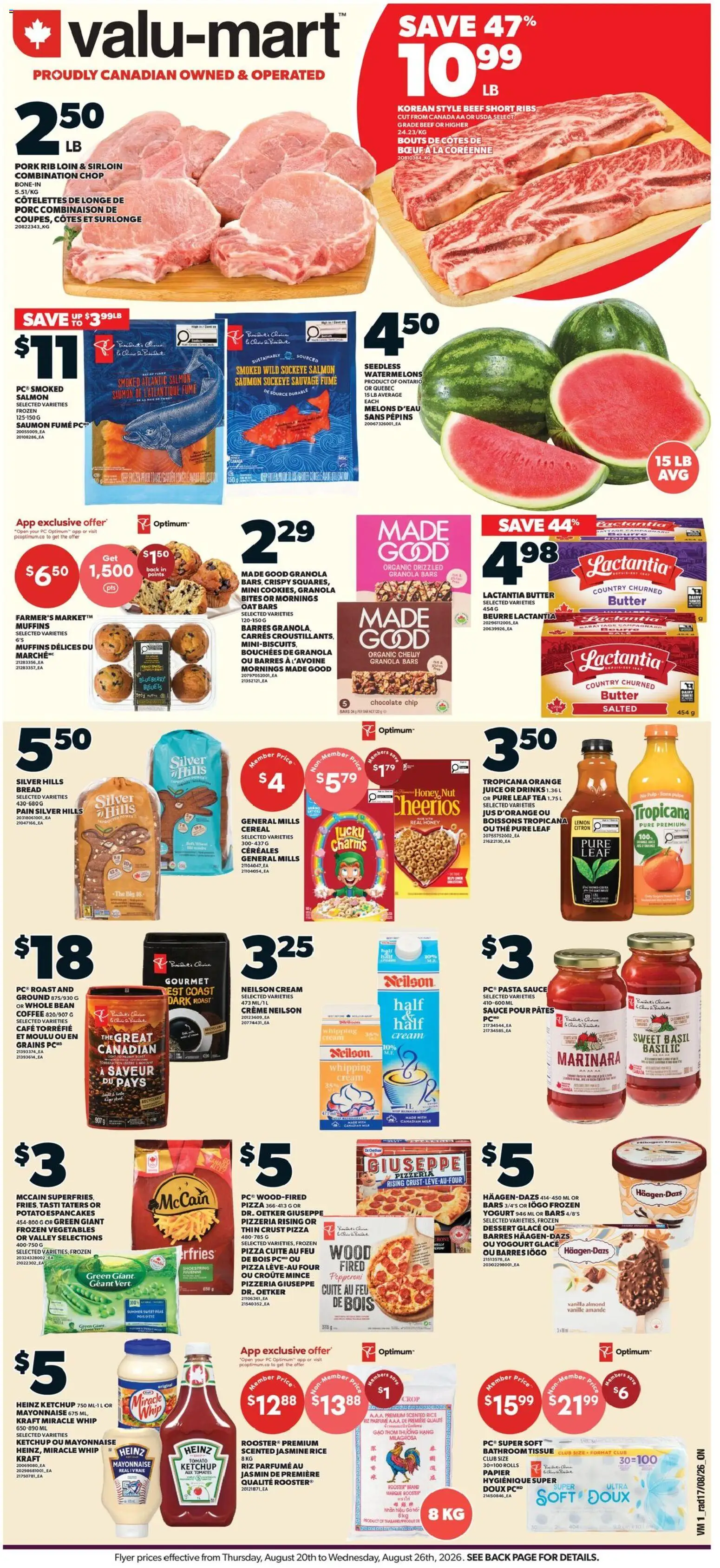 Valu Mart flyer valid from Aug 20, 2026 | Page: 1 | Products: Beef, Pasta, Milk, Juice