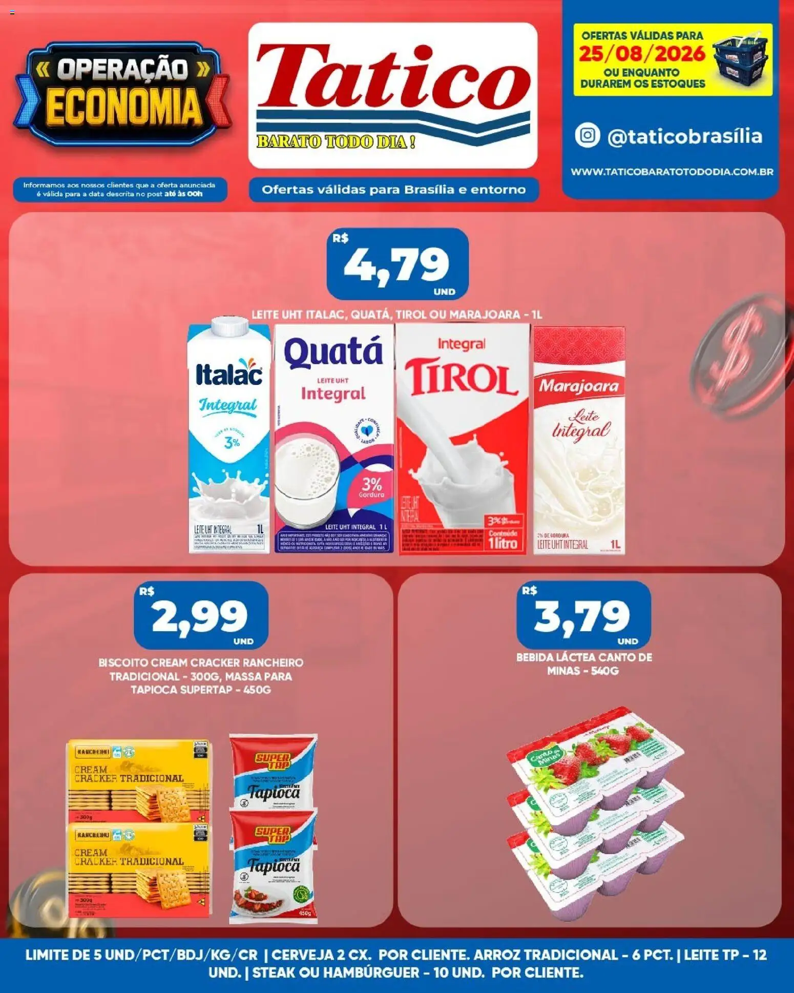 Tatico Folheto - válido de 26/08/2026 | Página: 25 | Produtos: Leite integral, Leite, Arroz, Hambúrguer