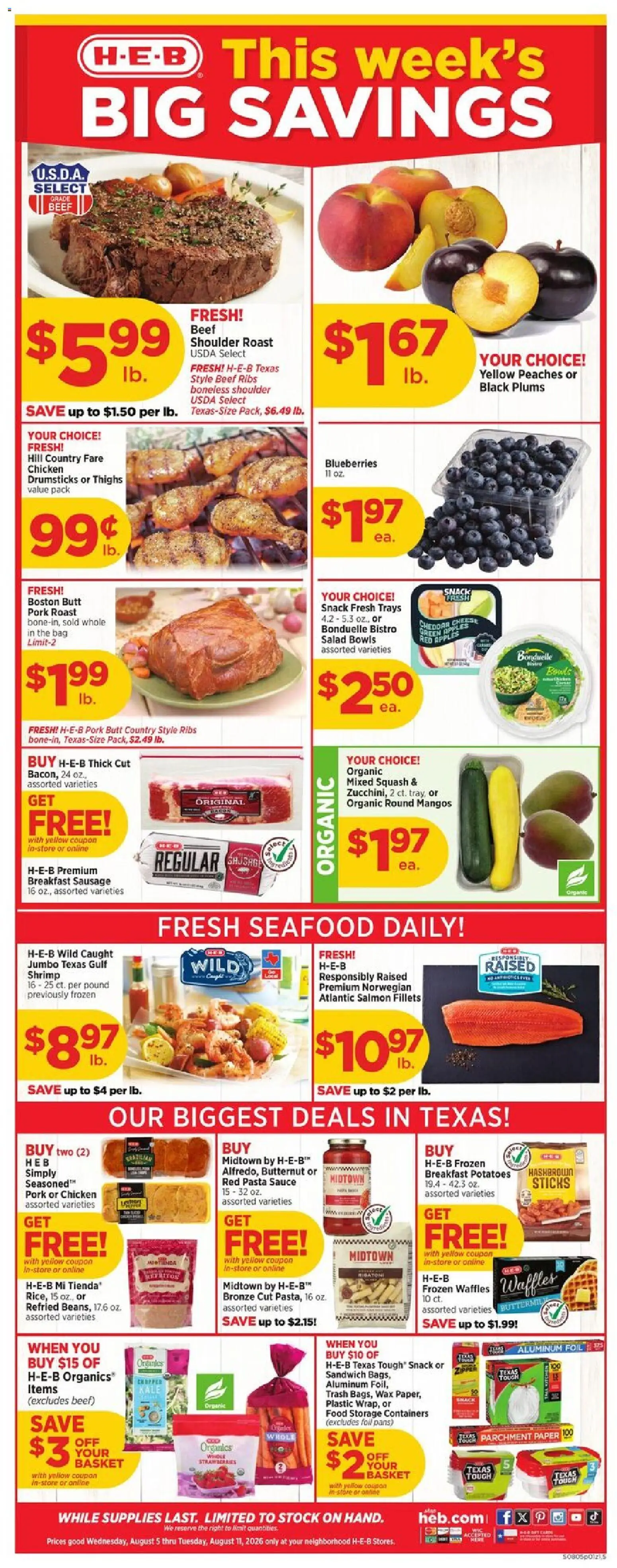 H-E-B Weekly Ad - valid from 08/05/2026 | Page: 1 | Products: Apples, Potatoes, Seafood, Blueberries