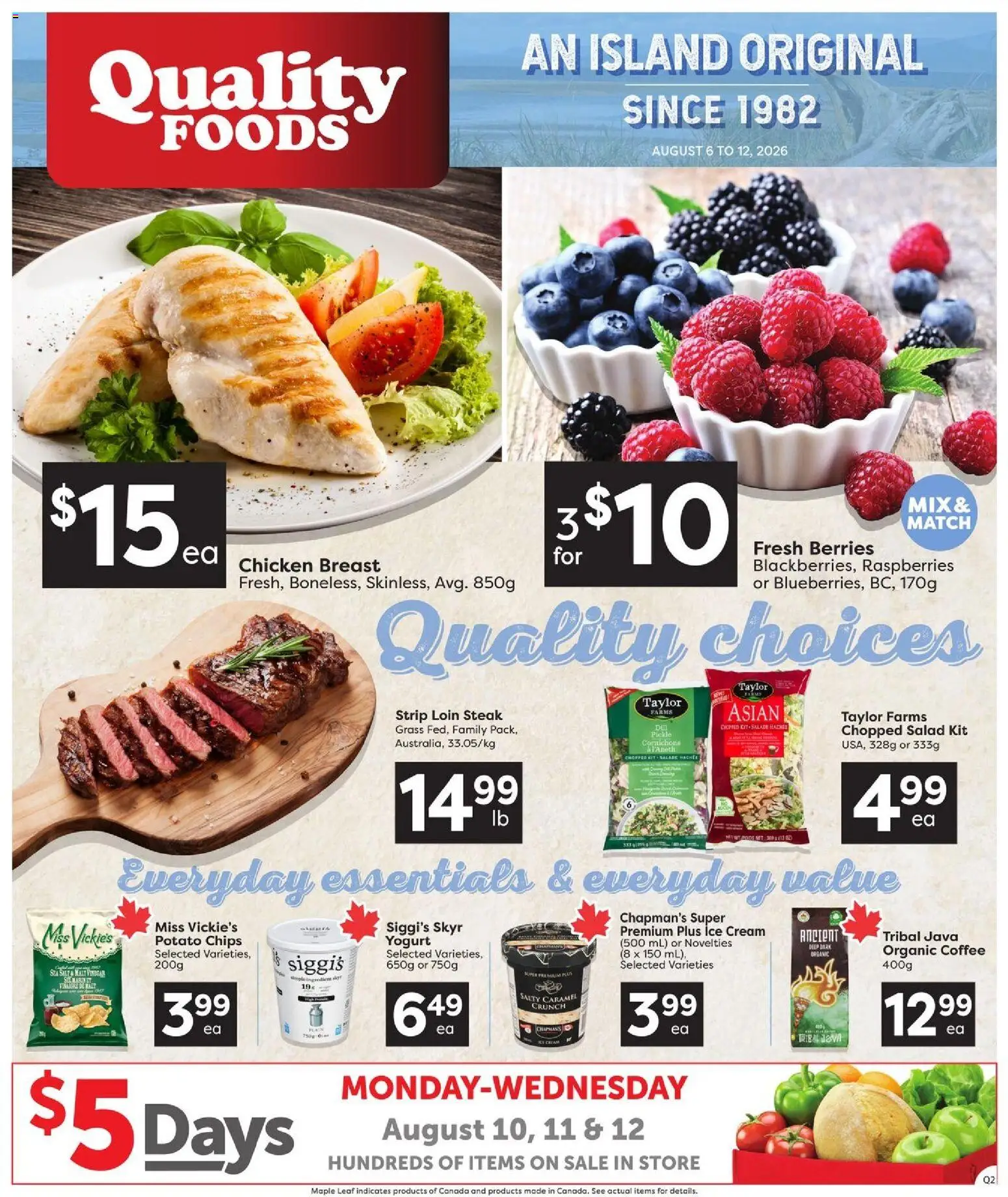 Quality Foods flyer valid from Aug 6, 2026 | Page: 1 | Products: Chips, Skyr, Chicken breast, Chicken