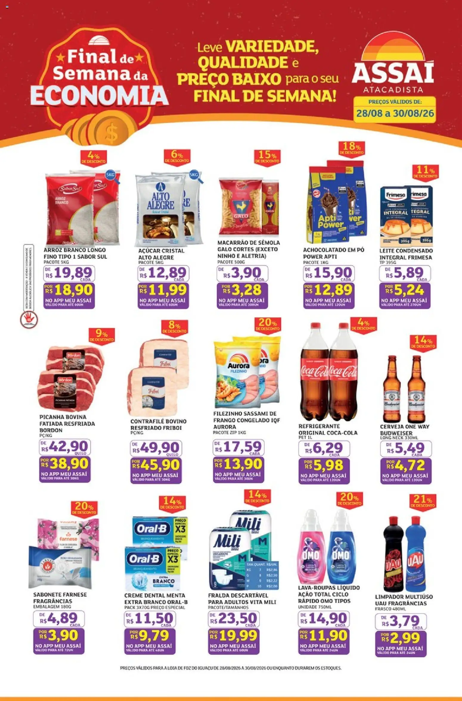 Assaí Atacadista Folheto - válido de 28/08/2026 | Página: 1 | Produtos: Arroz, Macarrão, Sabonete, Açúcar cristal