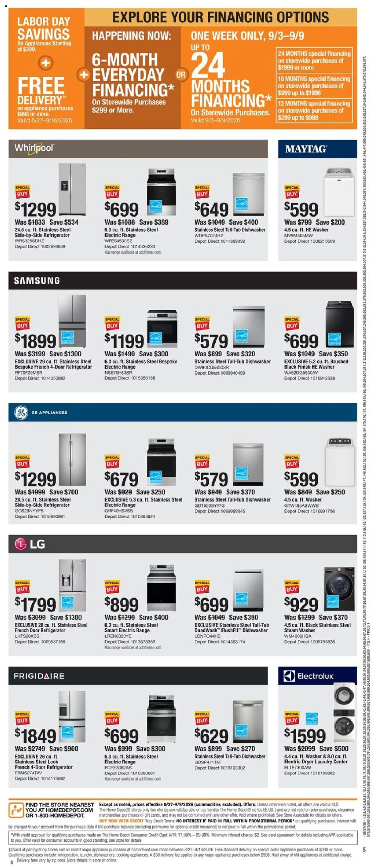 Home Depot Local Ad - valid from 08/27/2026 | Page: 4 | Products: Date, Washer, Refrigerator, Dishwasher