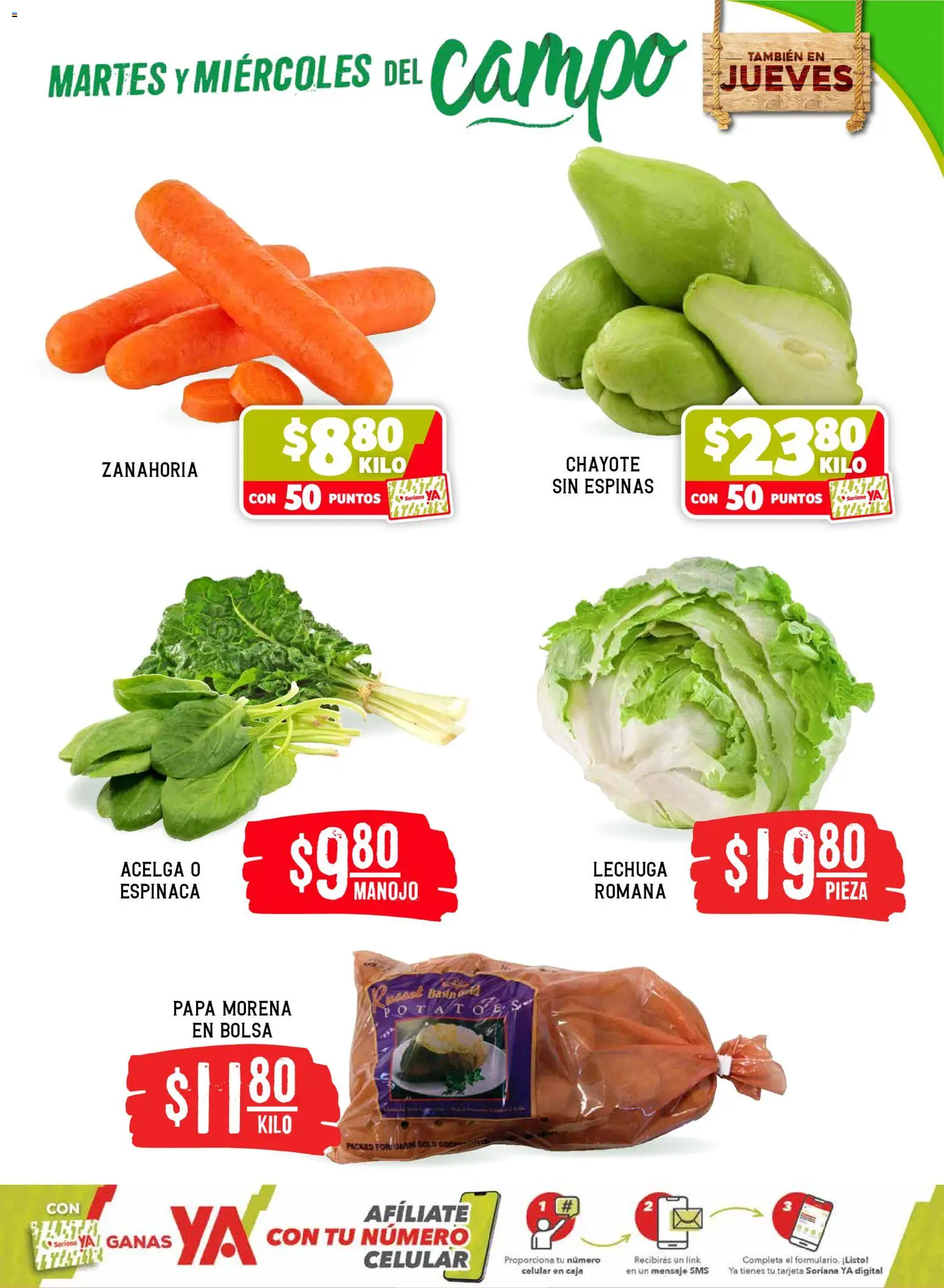 Nuevas ofertas de Soriana válidas en toda la República Mexicana desde el 19.05.2026. ¡Encuentra las mejores ofertas en Soriana Martes y Miércoles del Campo Híper: Saltillo y Torreón! | Página: 3 | Productos: Acelga, Papa, Lechuga, Zanahoria
