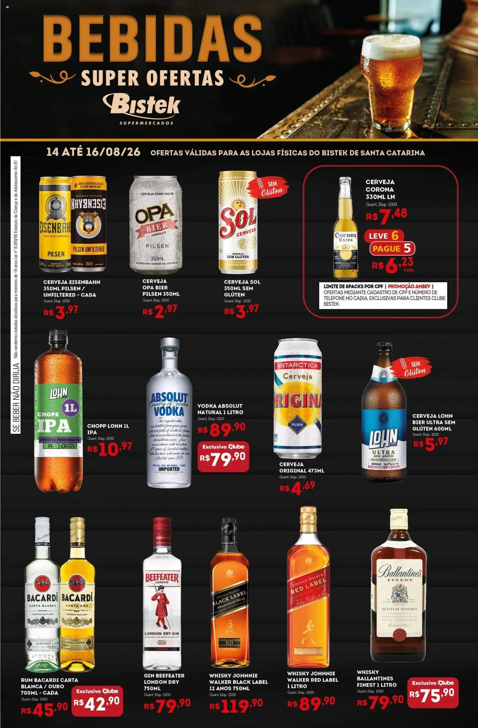 Bistek Supermercados Folheto - válido de 14/08/2026 | Página: 1 | Produtos: Eisenbahn, Ballantine’s, Gin, Gin Beefeater