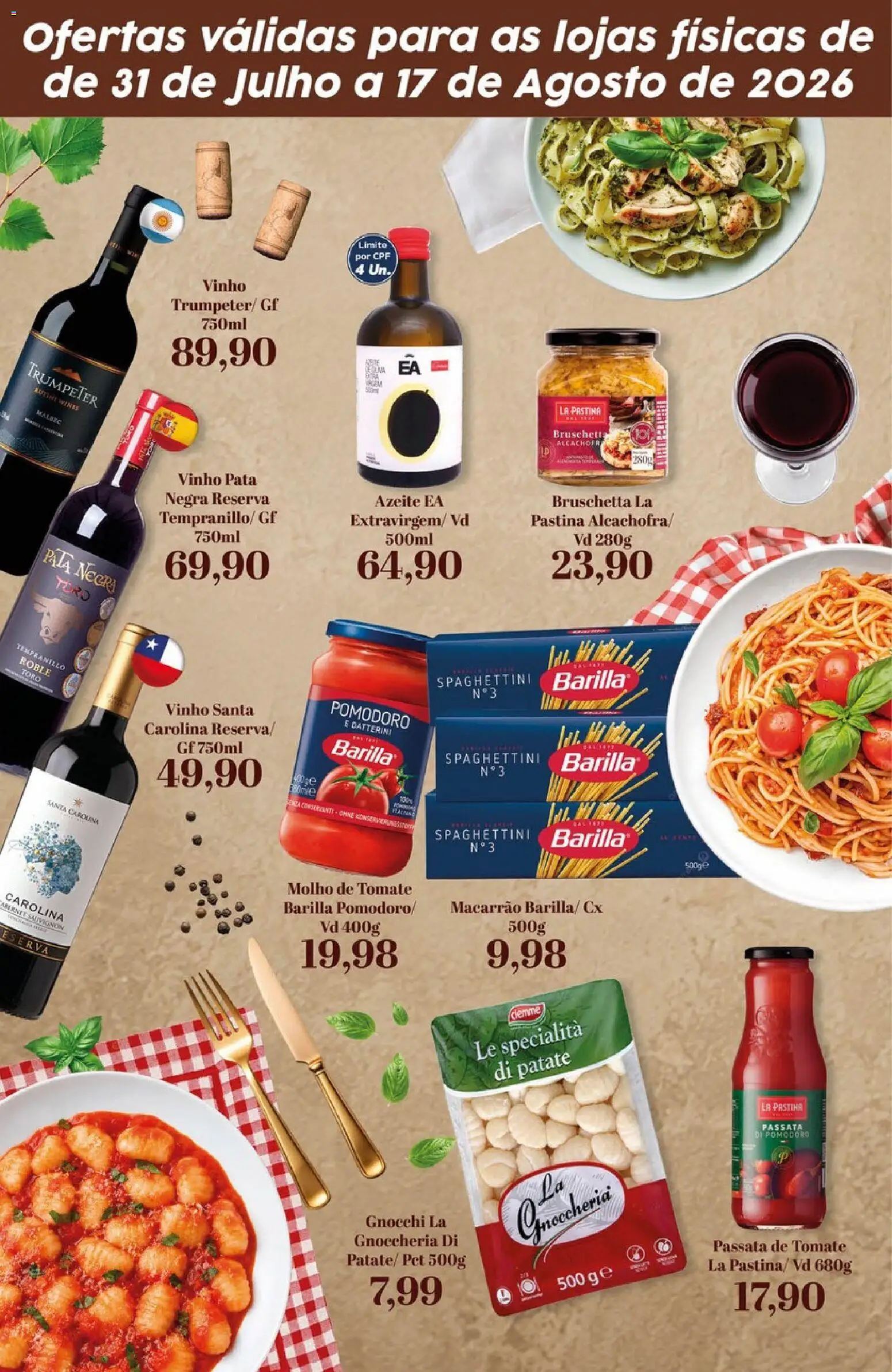 Tauste Folheto - válido de 31/07/2026 | Página: 2 | Produtos: Molho de tomate, Vinho, Macarrão, Azeite