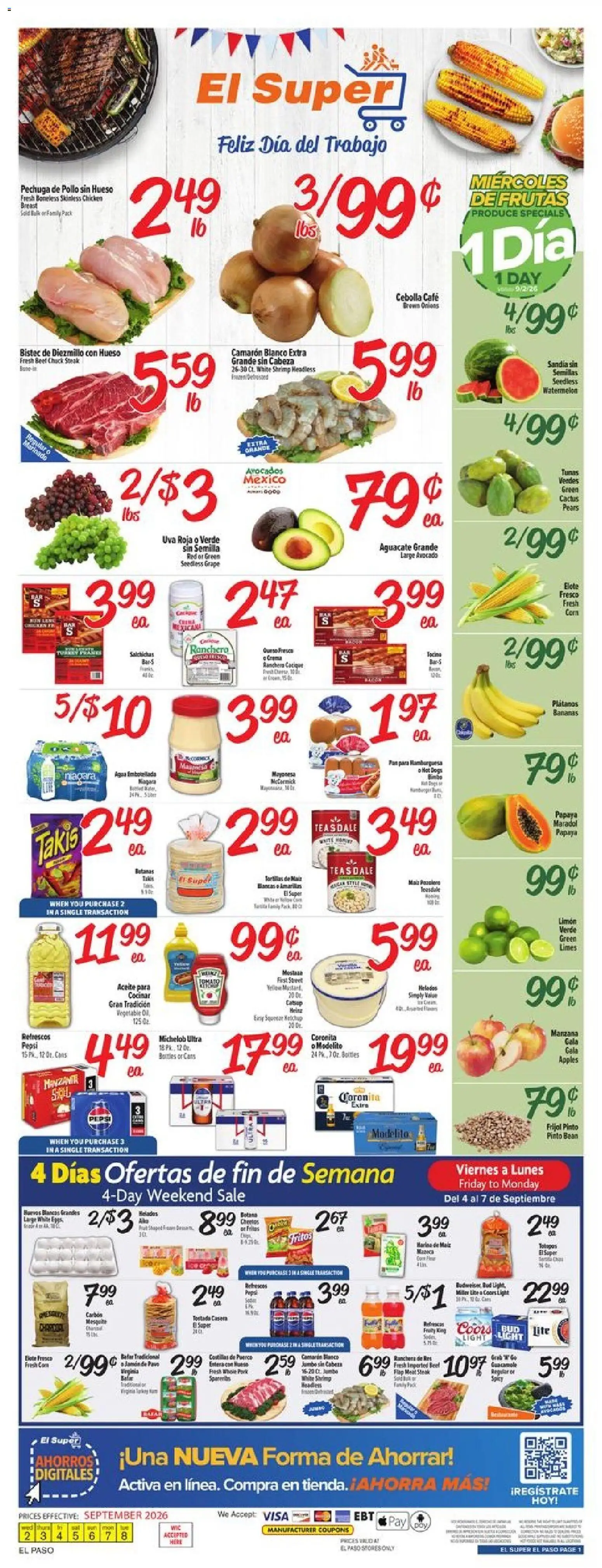 El Super Weekly Ad - TX - valid from 09/02/2026 | Page: 1 | Products: Shrimp, Bananas, Avocado, Pepsi