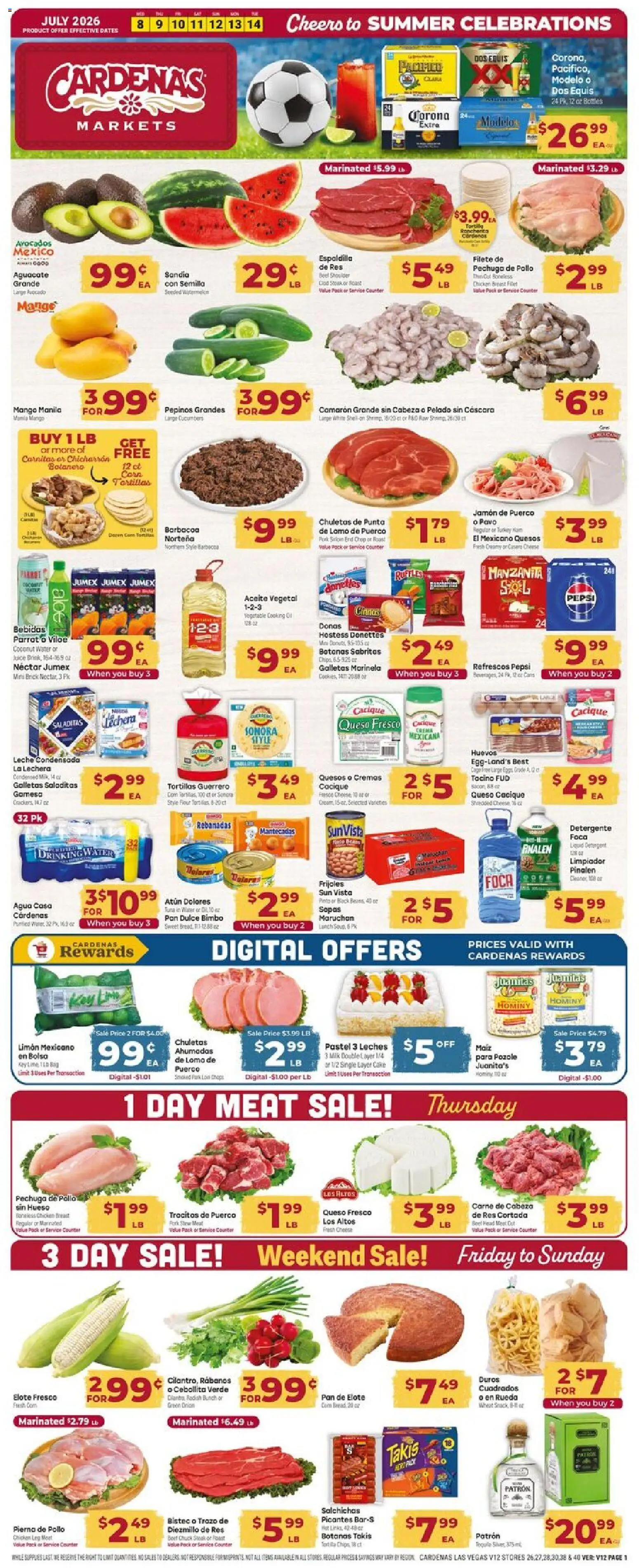 Cardenas Weekly Ad - valid from 07/08/2026 | Page: 1 | Products: Corn, Cheese, Cucumbers, Water