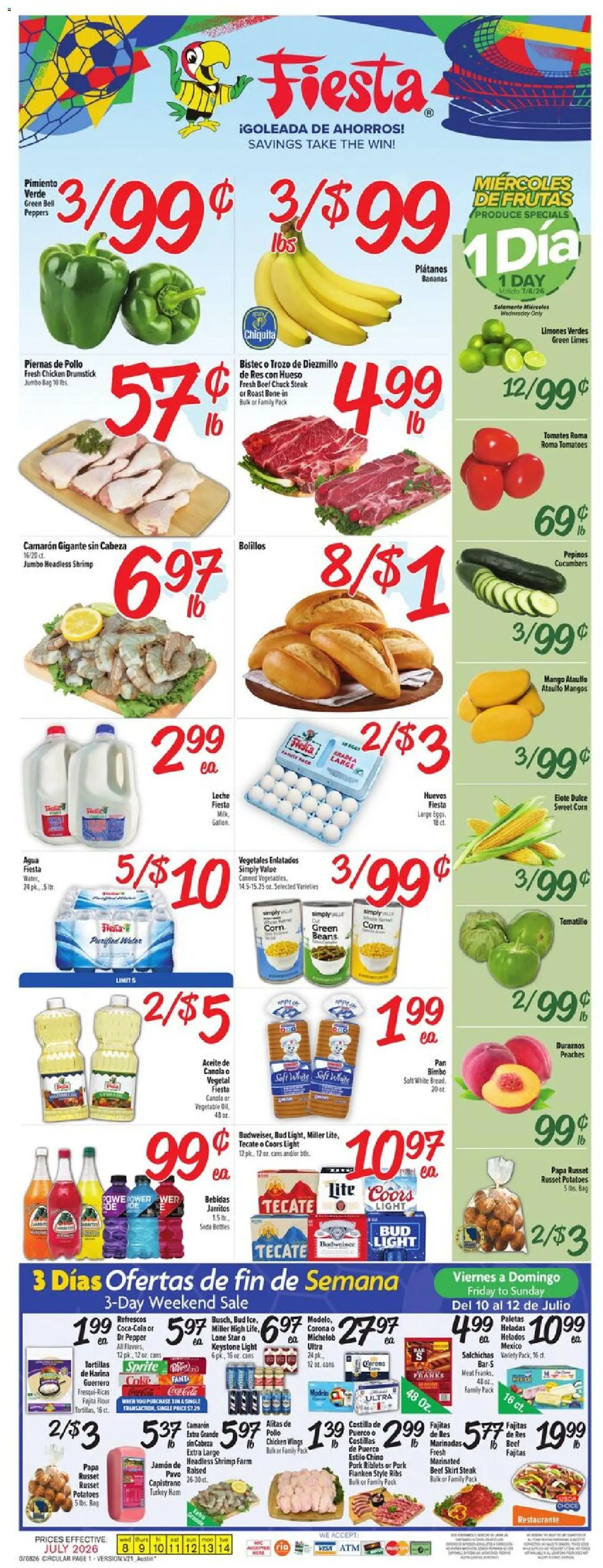 Fiesta Mart Weekly Ad - valid from 07/08/2026 | Page: 1 | Products: Corn, Beef, Potatoes, Bag