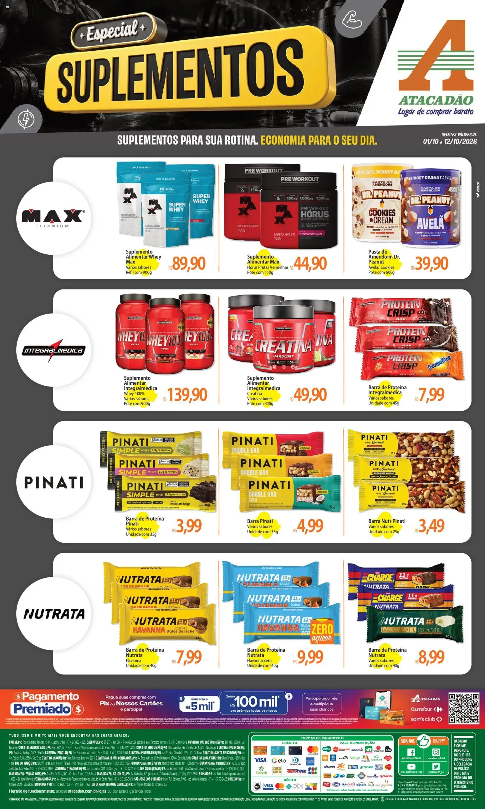 Atacadão Folheto - válido de 01/10/2026 | Página: 1 | Produtos: Whey protein, Barra de proteína, Cookies, Avelã