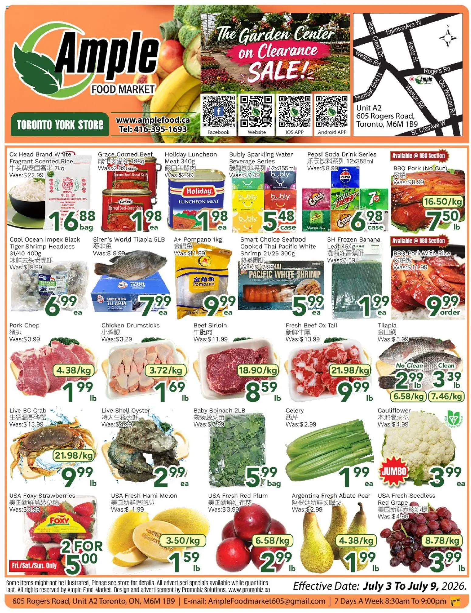 Ample Food Market flyer valid from Jul 3, 2026 | Page: 1 | Products: Rice, Beef, Case, Pork
