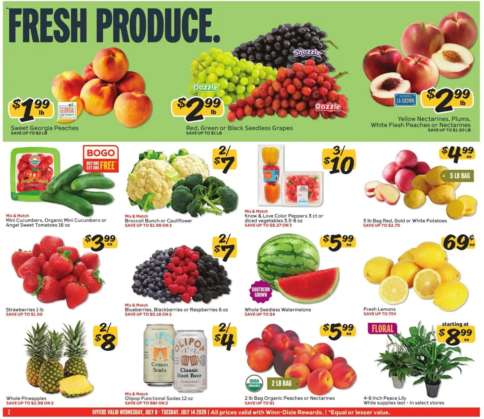 Winn Dixie Weekly Ad - valid from 07/08/2026 | Page: 2 | Products: Peaches, Tomatoes, Cream, Bag