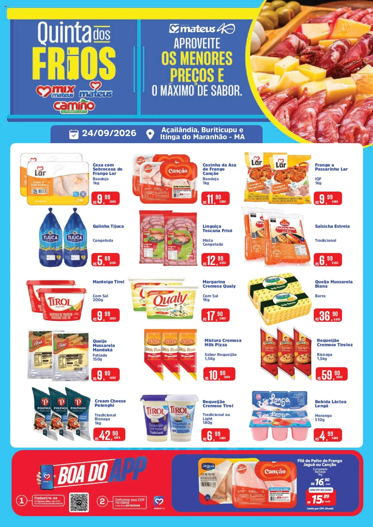 Mateus Folheto - válido de 24/09/2026 | Página: 1 | Produtos: Linguiça, Queijo, Cream cheese, Requeijão