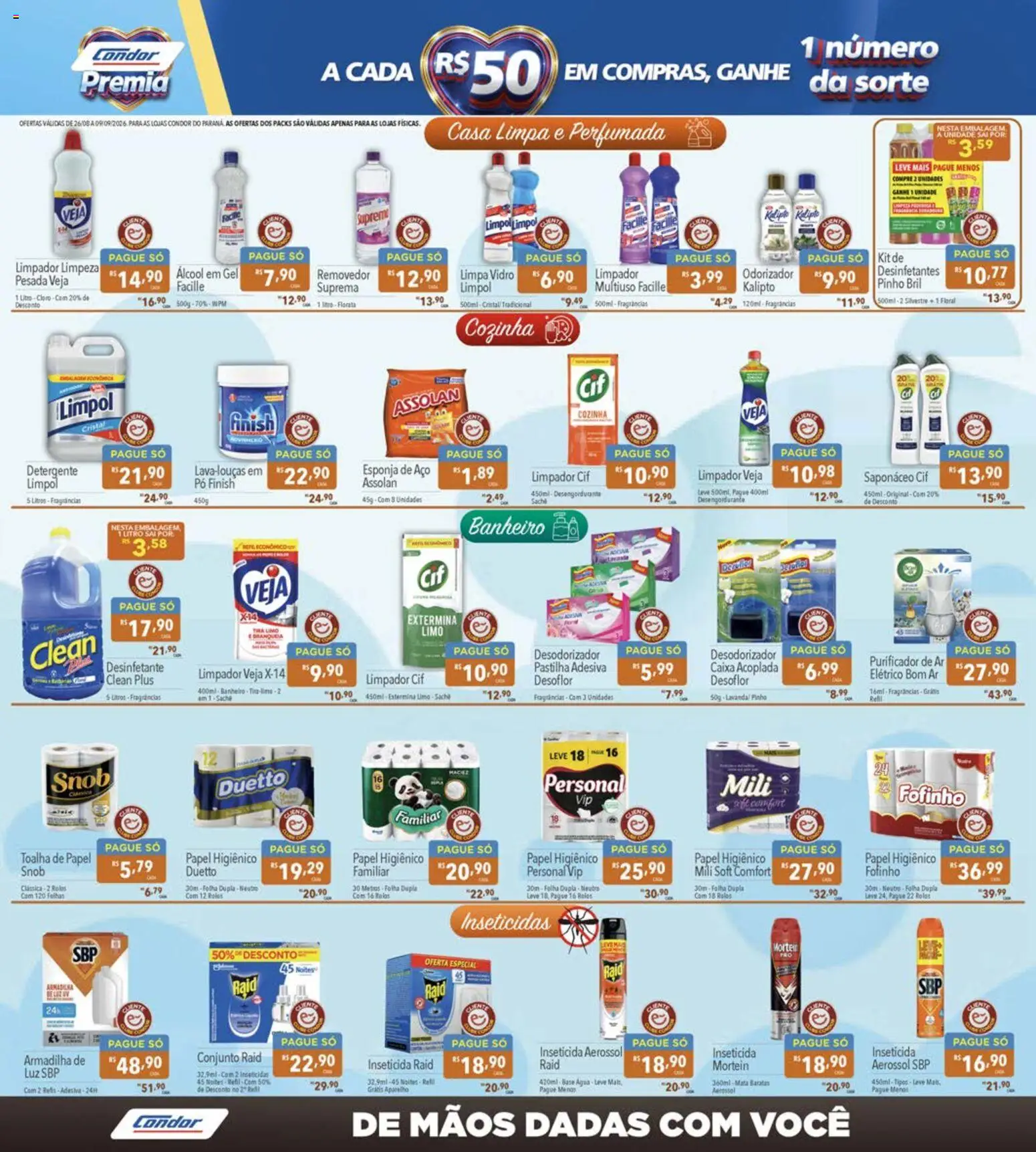 Supermercados Condor Folheto - válido de 26/08/2026 | Página: 19 | Produtos: Esponja, Detergente, Água, Álcool em gel