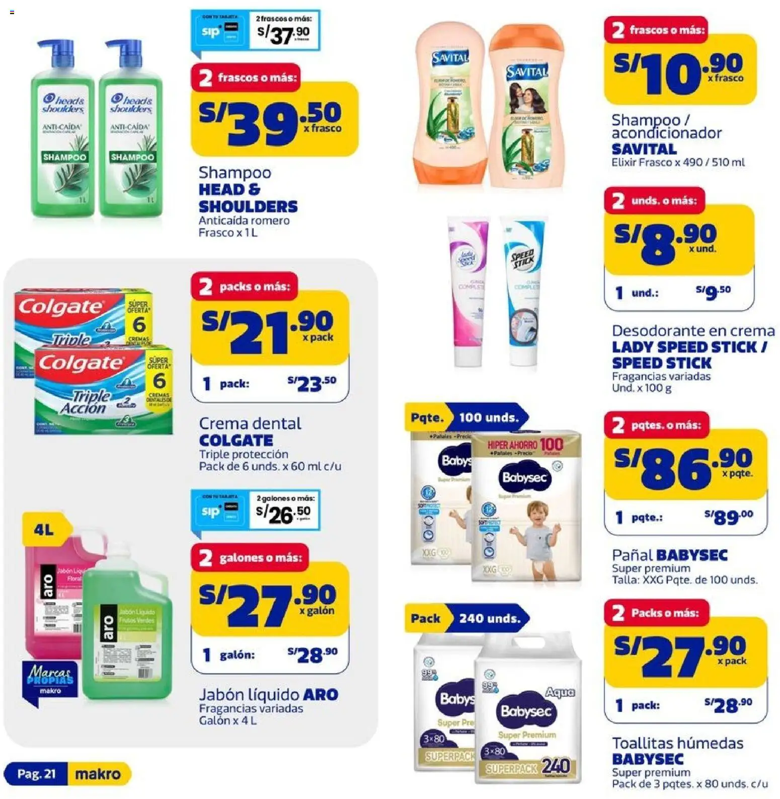 Catálogo Makro válido desde 21.05.2026 | Página: 21 | Productos: Shampoo, Jabón, Desodorante, Crema