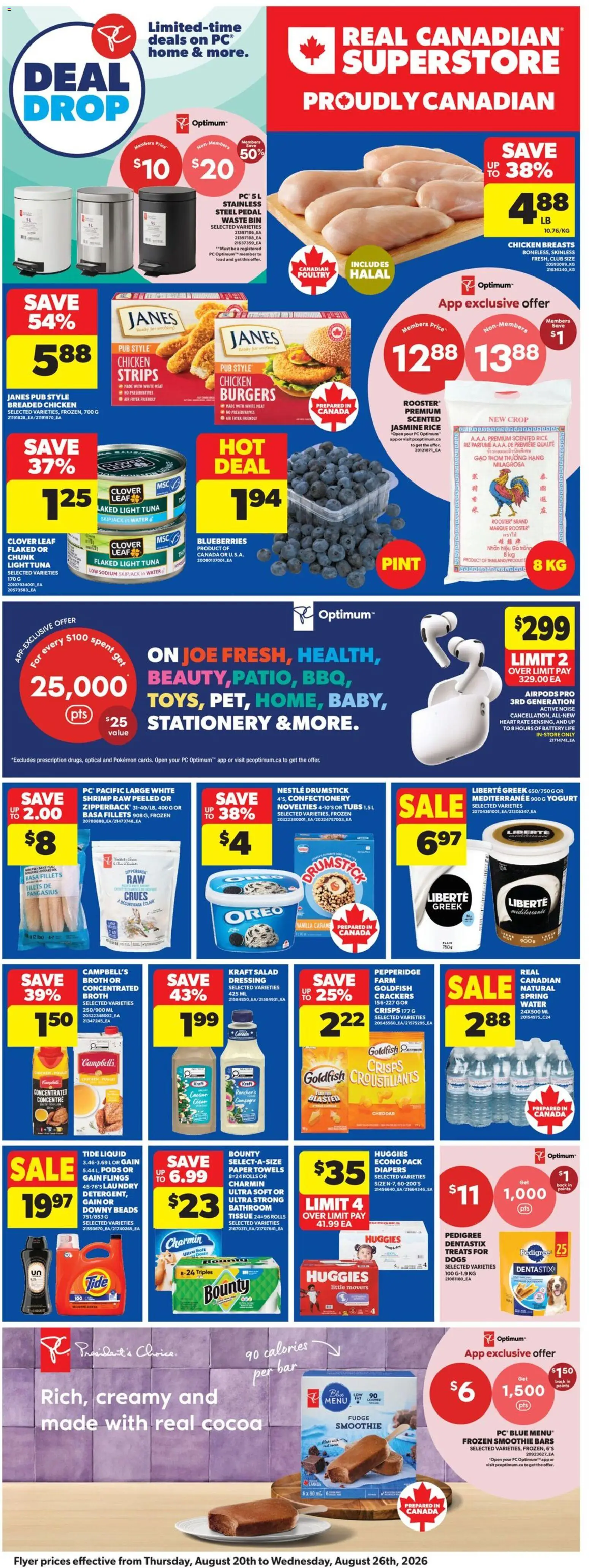 Real Canadian Superstore flyer valid from Aug 20, 2026 | Page: 3 | Products: Jasmine rice, Confectionery, Diapers, Meat